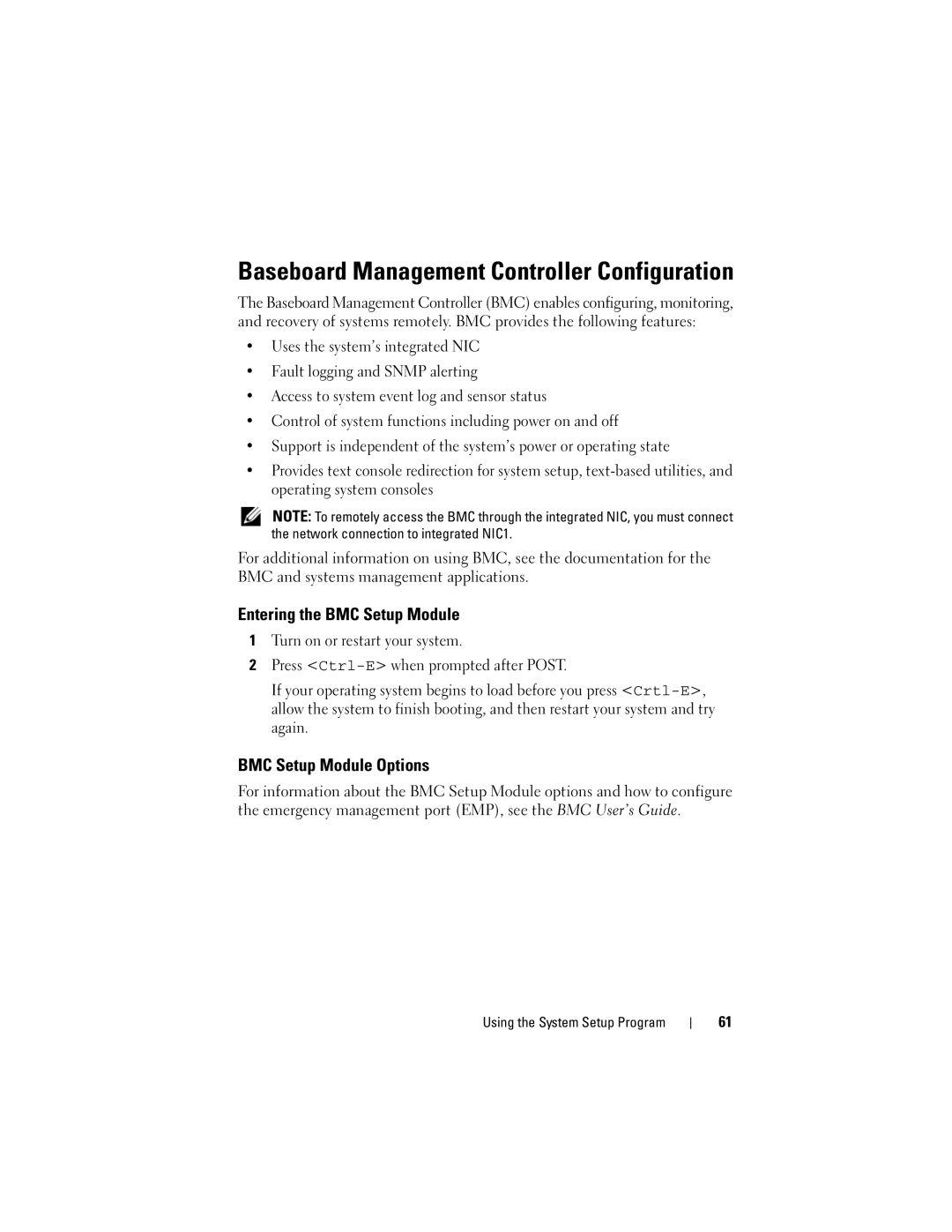 Dell DL2000 Baseboard Management Controller Configuration, Entering the BMC Setup Module, BMC Setup Module Options 