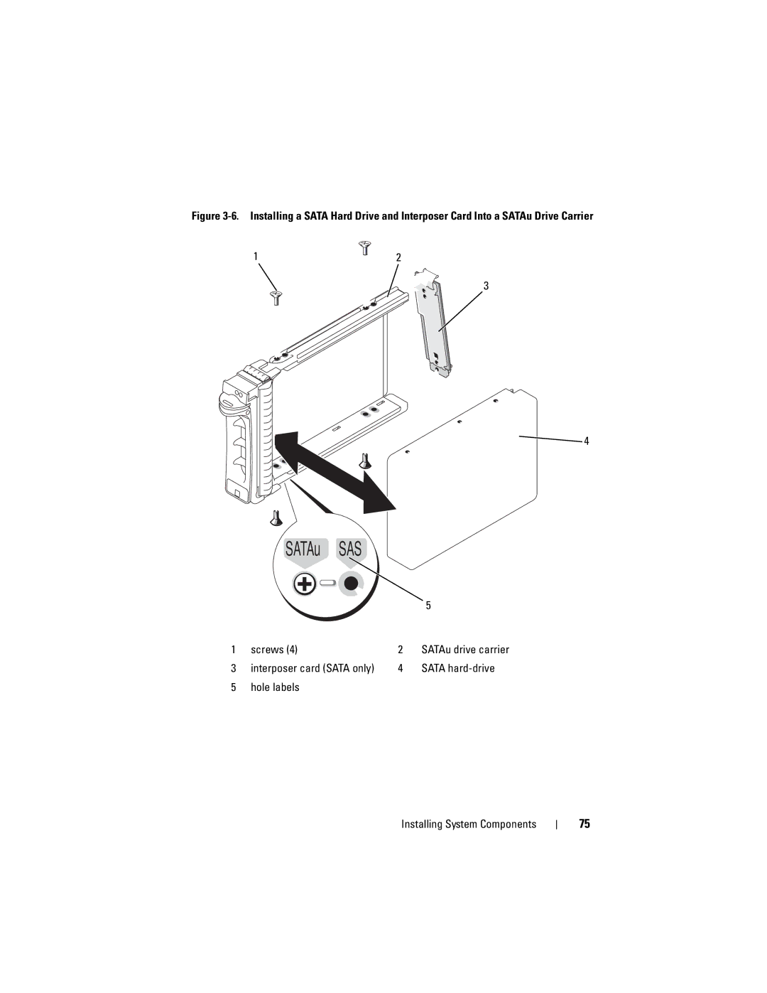 Dell DL2000 owner manual Sata hard-drive, Hole labels Installing System Components 