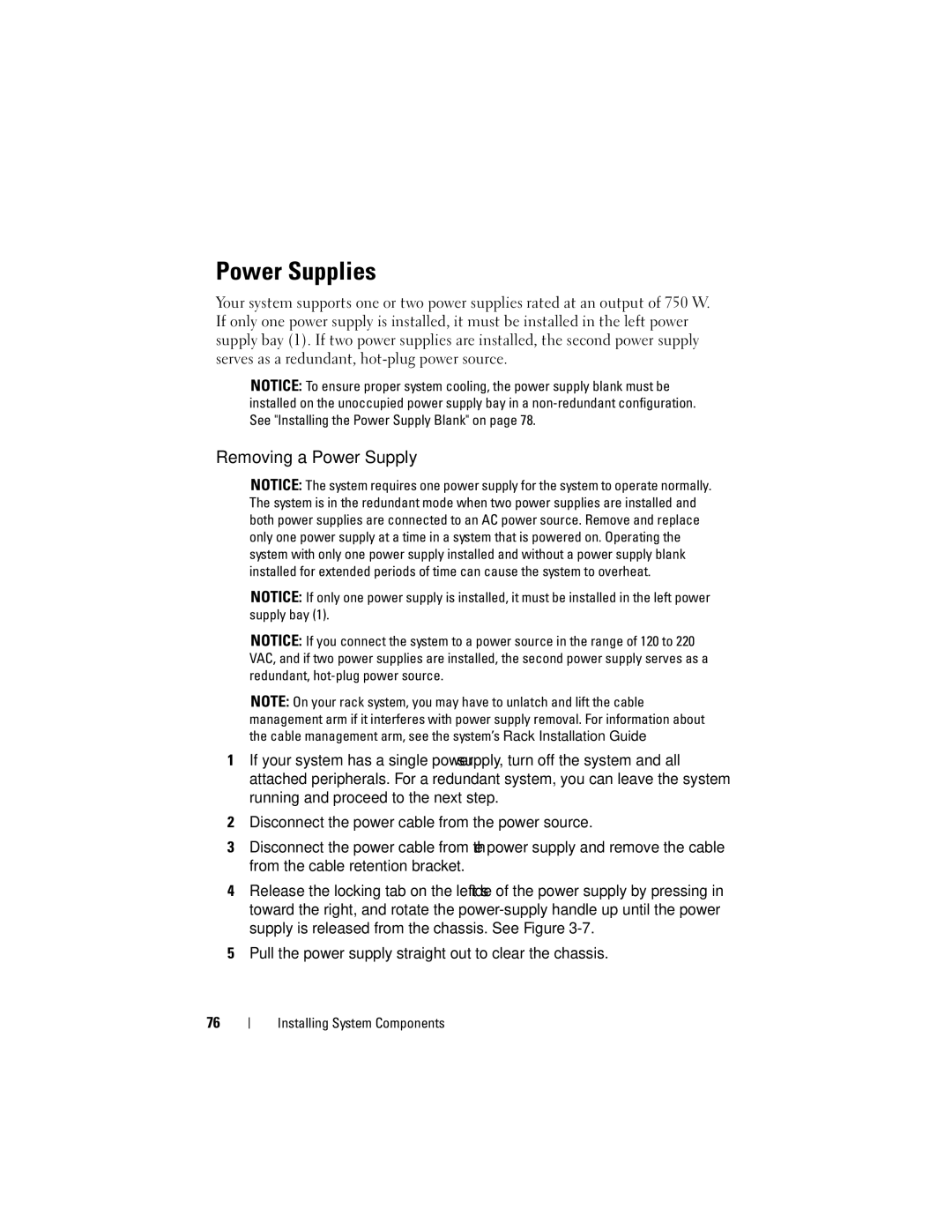 Dell DL2000 owner manual Power Supplies, Removing a Power Supply 