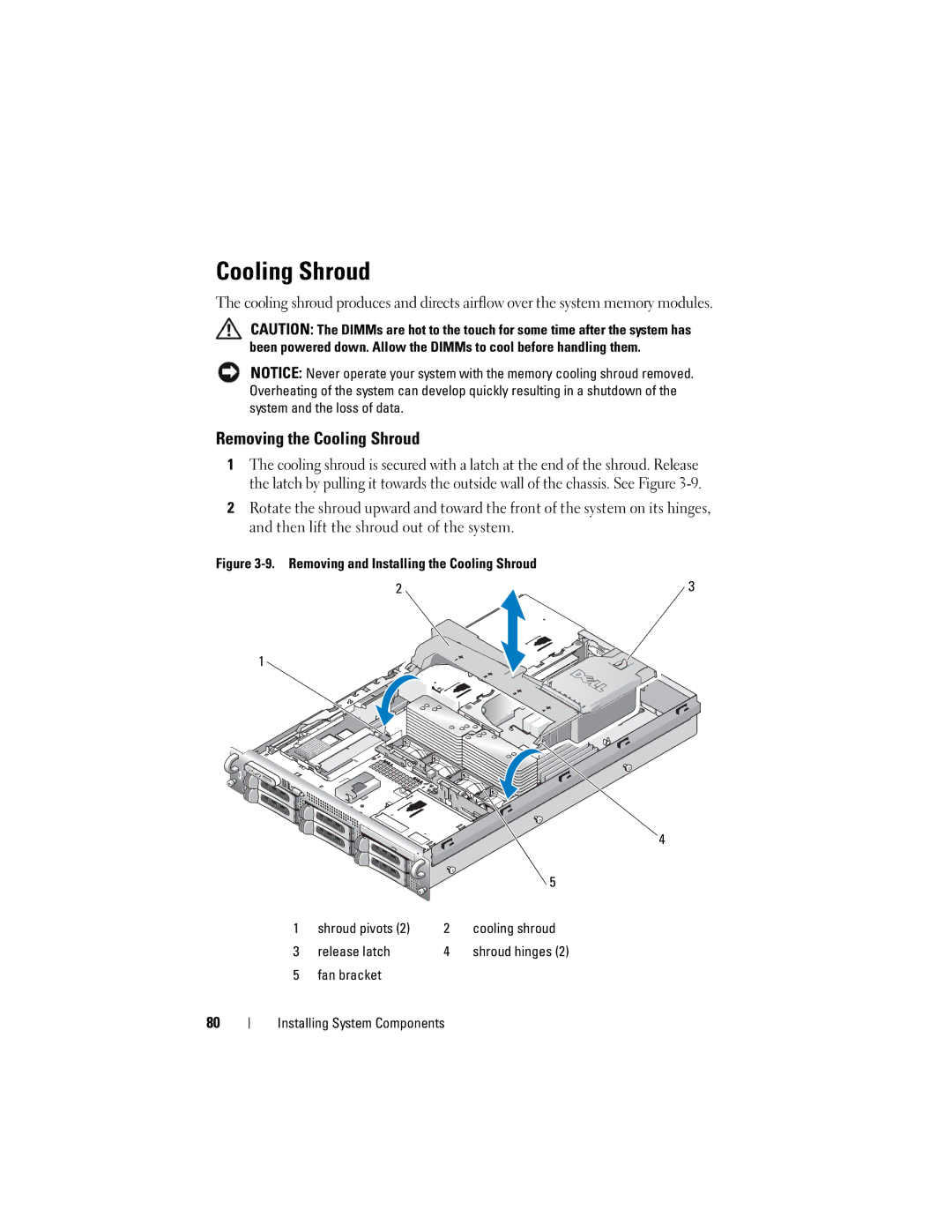 Dell DL2000 owner manual Removing the Cooling Shroud, Shroud pivots Cooling shroud Release latch 