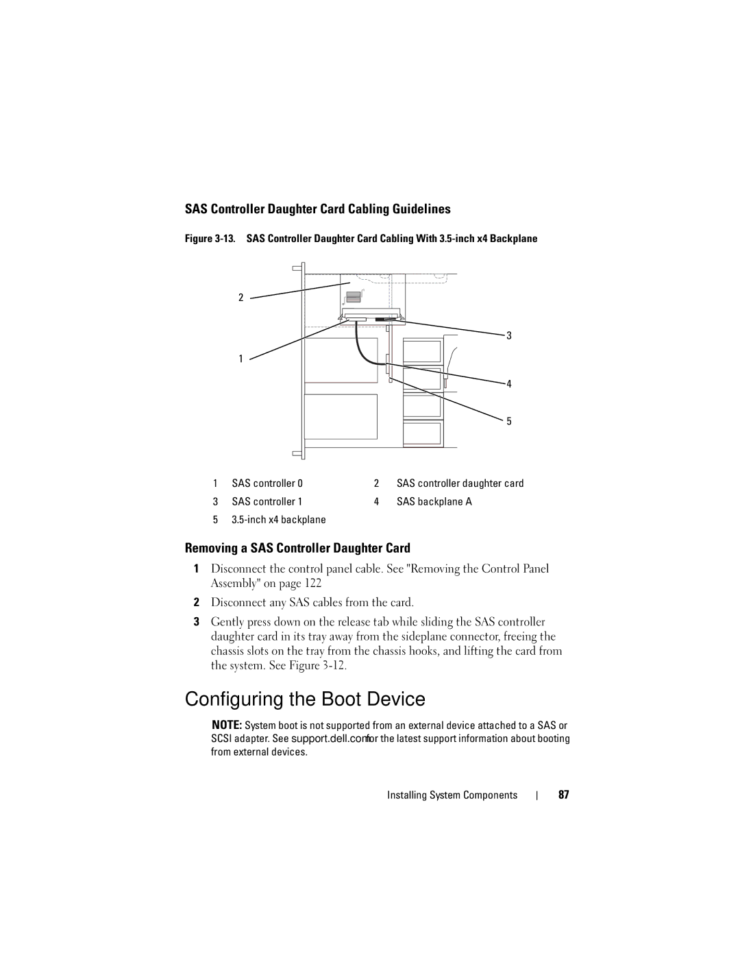 Dell DL2000 owner manual Configuring the Boot Device, SAS Controller Daughter Card Cabling Guidelines 