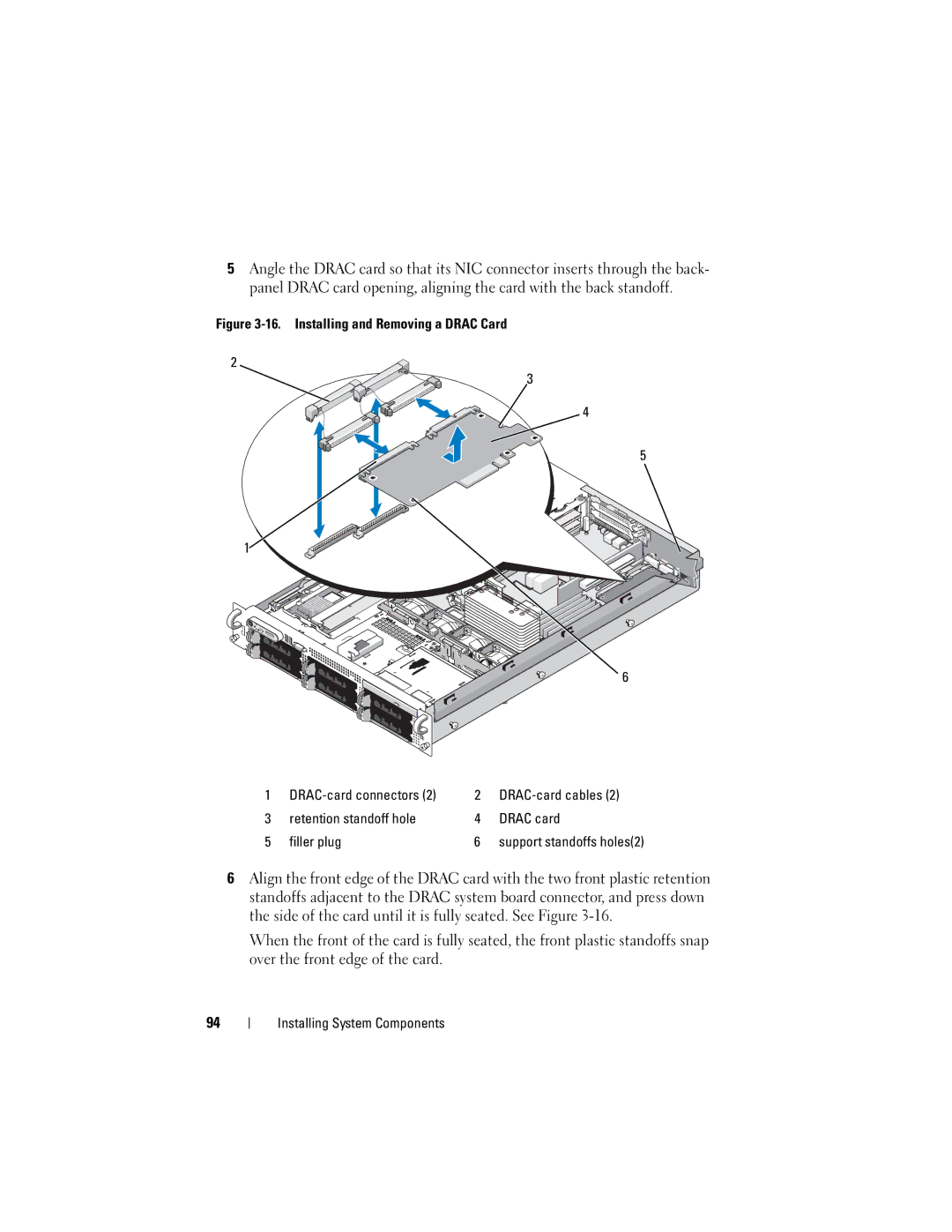 Dell DL2000 owner manual DRAC-card cables, Retention standoff hole Drac card Filler plug 