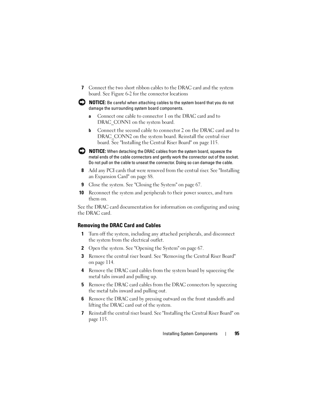 Dell DL2000 owner manual Removing the Drac Card and Cables 