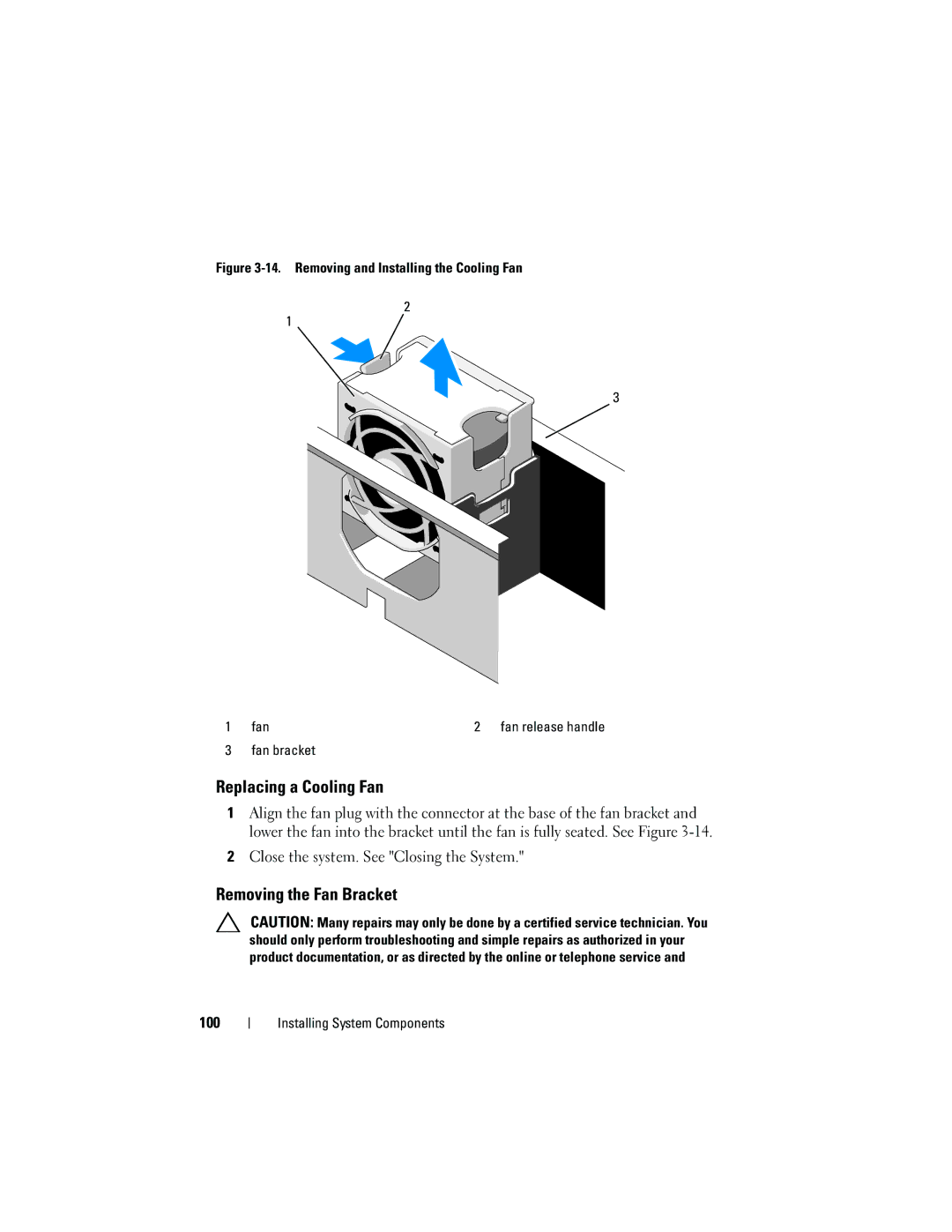 Dell DL2100 owner manual Replacing a Cooling Fan, Removing the Fan Bracket, Fan bracket 