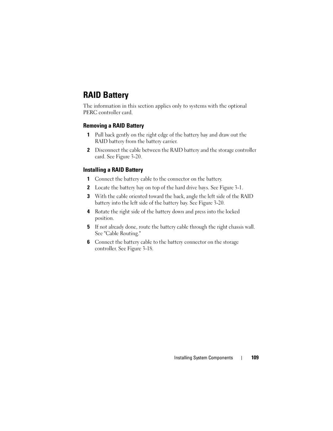 Dell DL2100 owner manual Removing a RAID Battery, Installing a RAID Battery, 109 