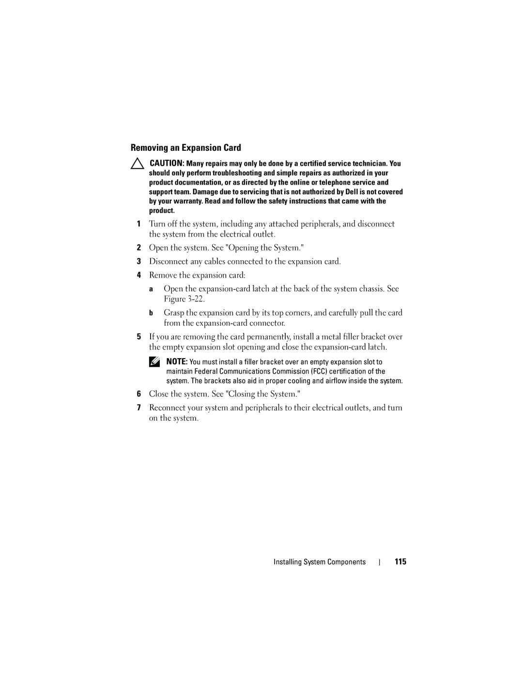 Dell DL2100 owner manual Removing an Expansion Card, 115 