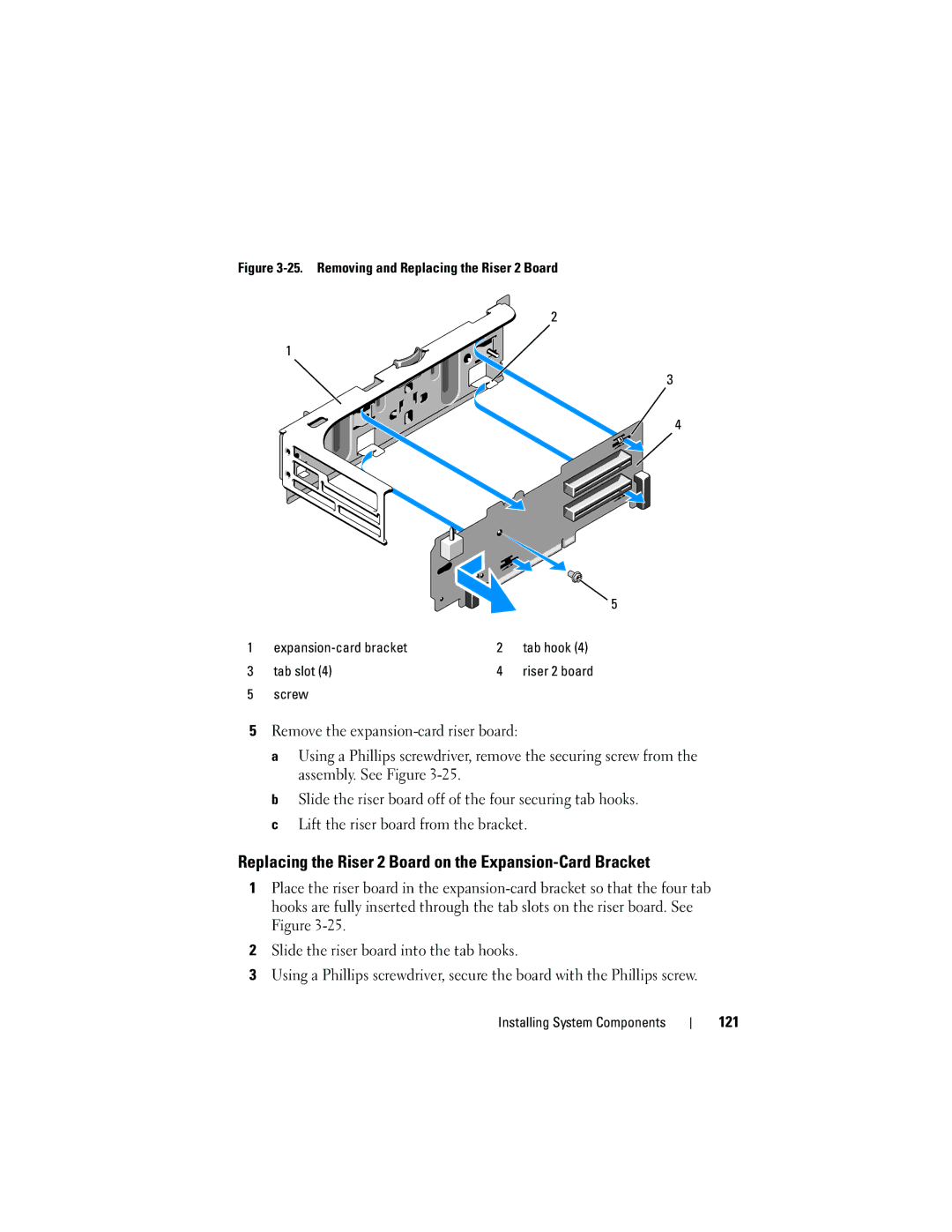 Dell DL2100 owner manual Replacing the Riser 2 Board on the Expansion-Card Bracket, 121, Tab slot, Screw 