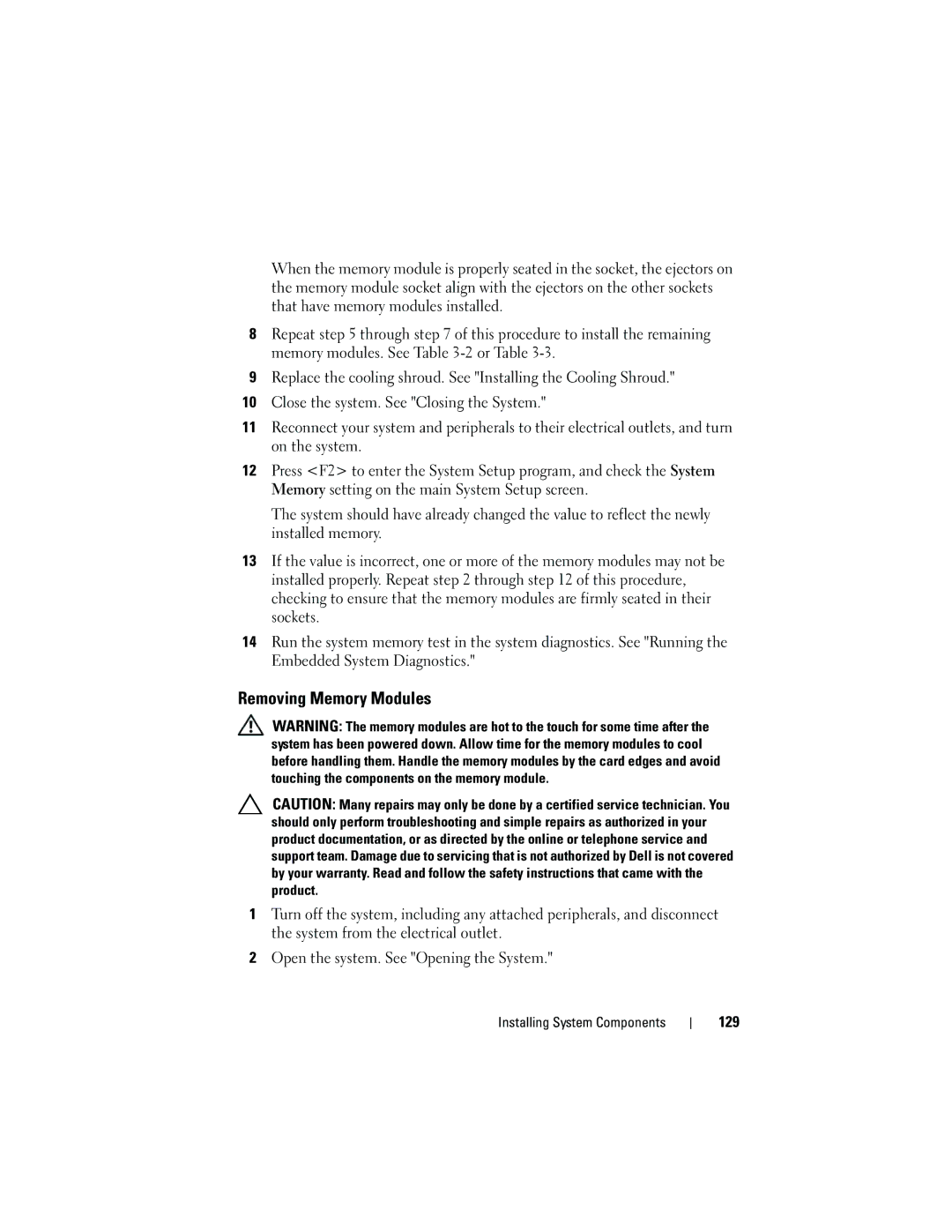 Dell DL2100 owner manual Removing Memory Modules, 129 