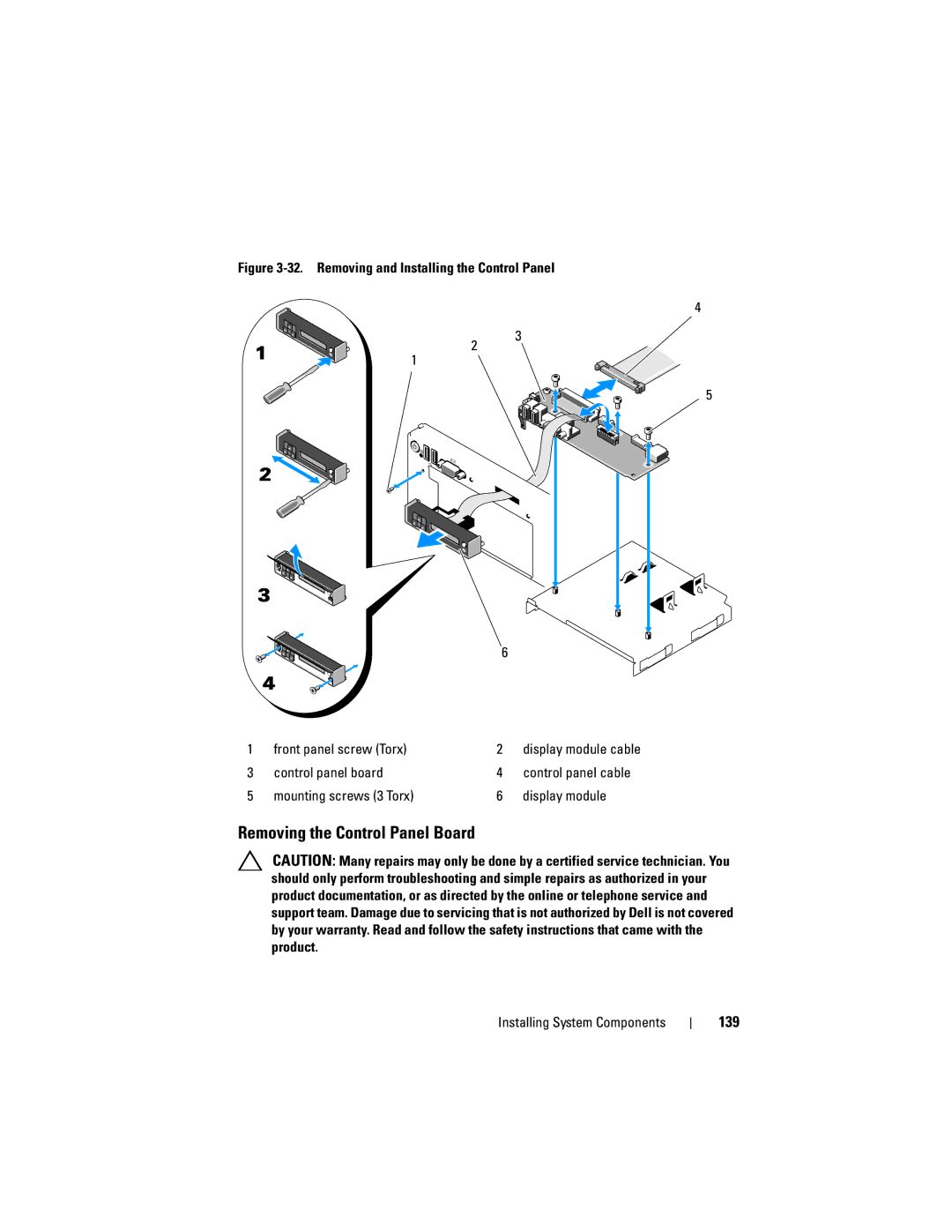 Dell DL2100 owner manual Removing the Control Panel Board, 139, Mounting screws 3 Torx Display module 