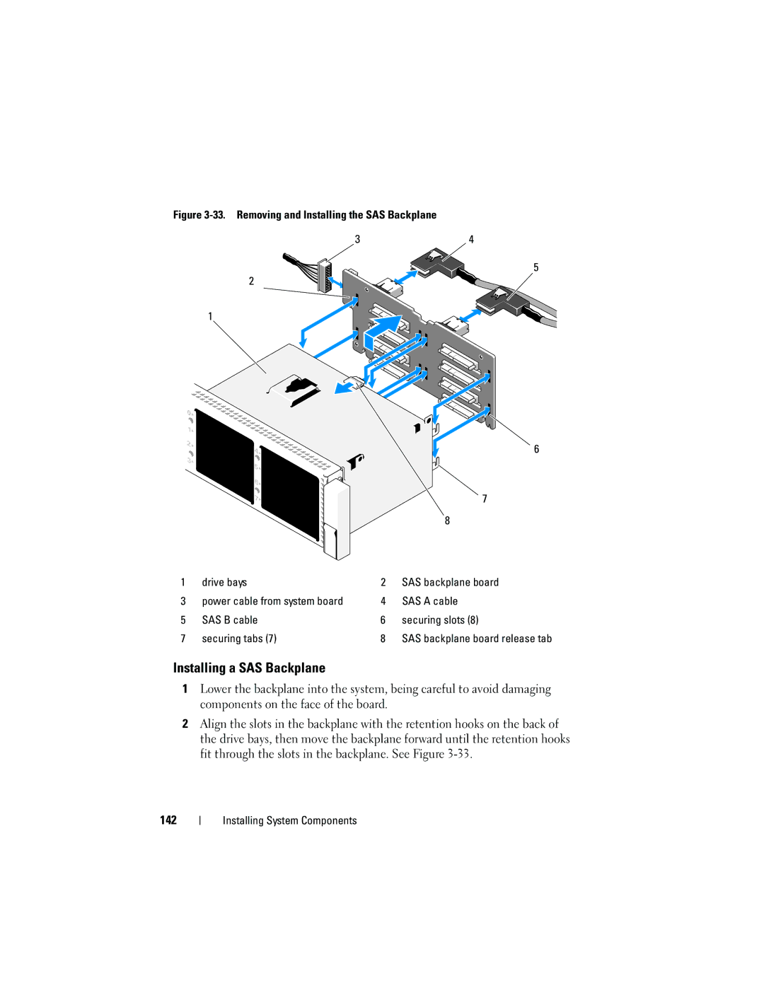 Dell DL2100 owner manual Installing a SAS Backplane, SAS a cable, SAS B cable Securing slots Securing tabs 