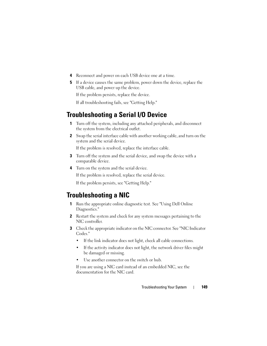 Dell DL2100 owner manual Troubleshooting a Serial I/O Device, Troubleshooting a NIC, 149 