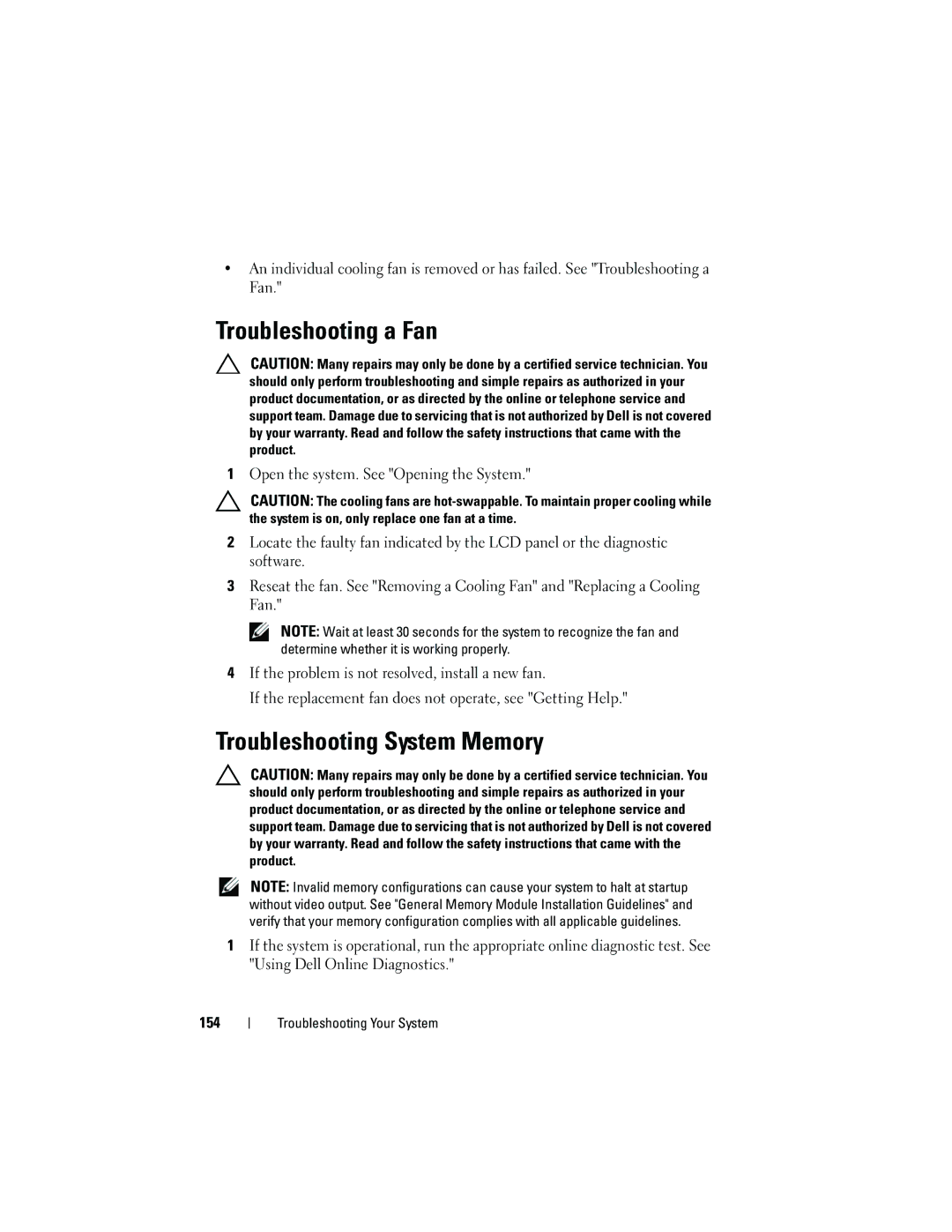 Dell DL2100 owner manual Troubleshooting a Fan, Troubleshooting System Memory 