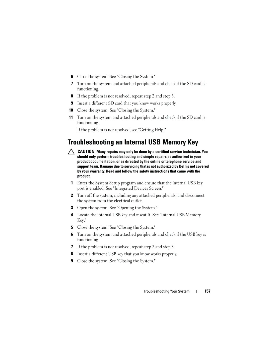 Dell DL2100 owner manual Troubleshooting an Internal USB Memory Key, 157 