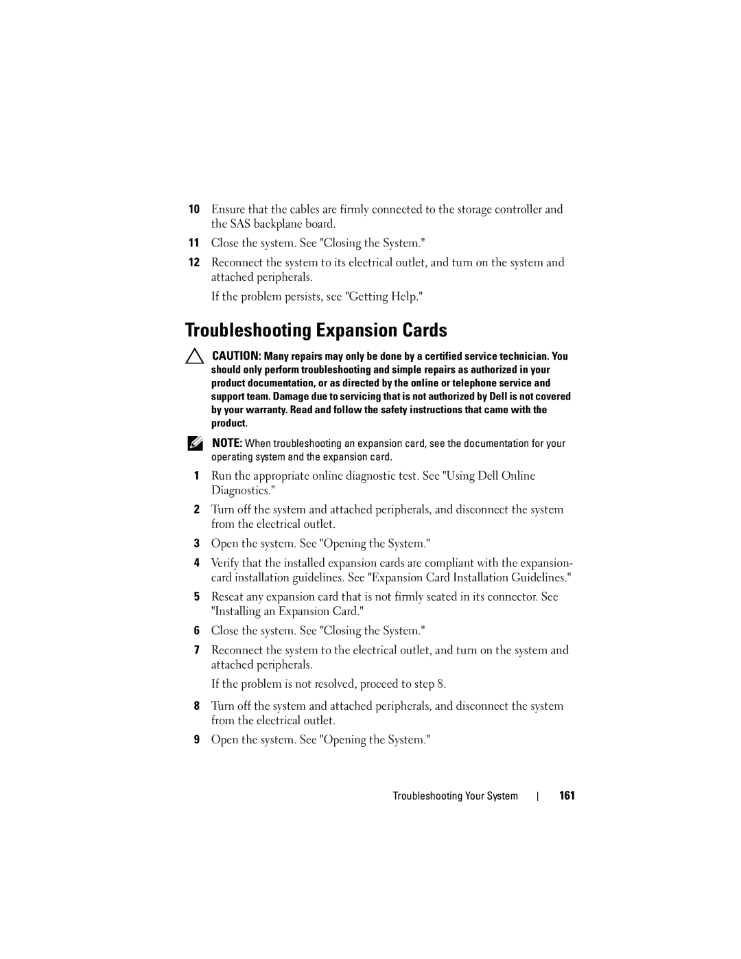 Dell DL2100 owner manual Troubleshooting Expansion Cards, 161 