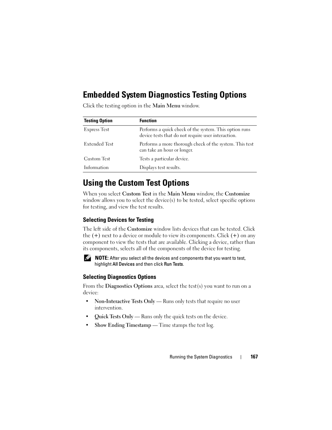 Dell DL2100 Embedded System Diagnostics Testing Options, Using the Custom Test Options, Selecting Devices for Testing 