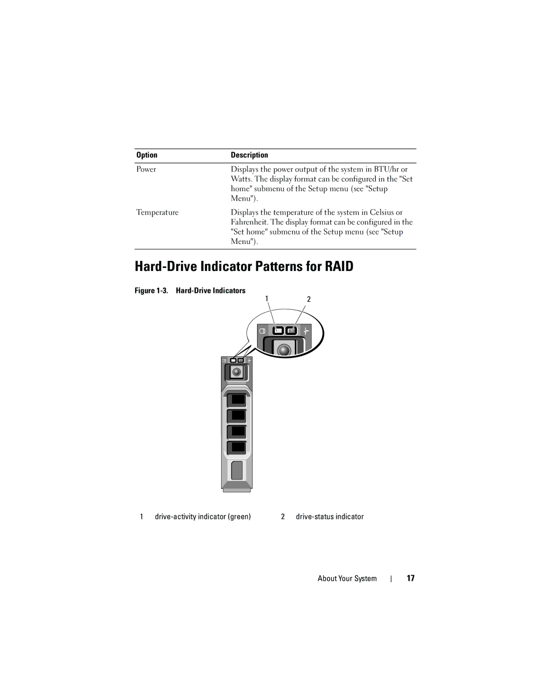 Dell DL2100 Hard-Drive Indicator Patterns for RAID, Option Description Power, Home submenu of the Setup menu see Setup 