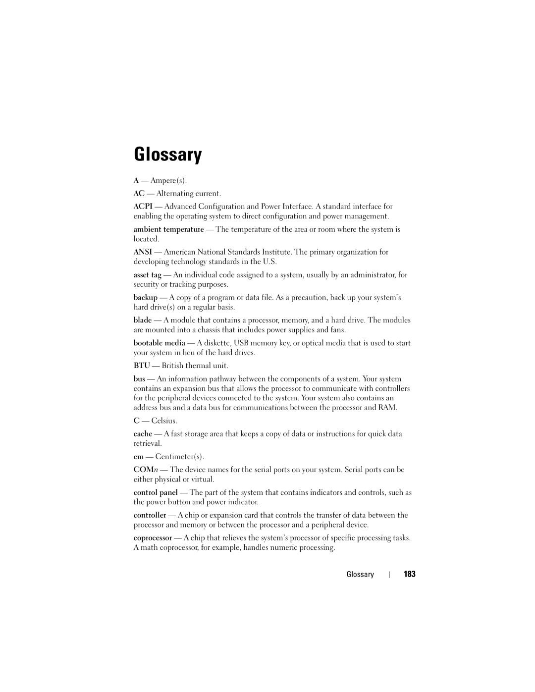 Dell DL2100 owner manual 183, Amperes AC Alternating current, Glossary 