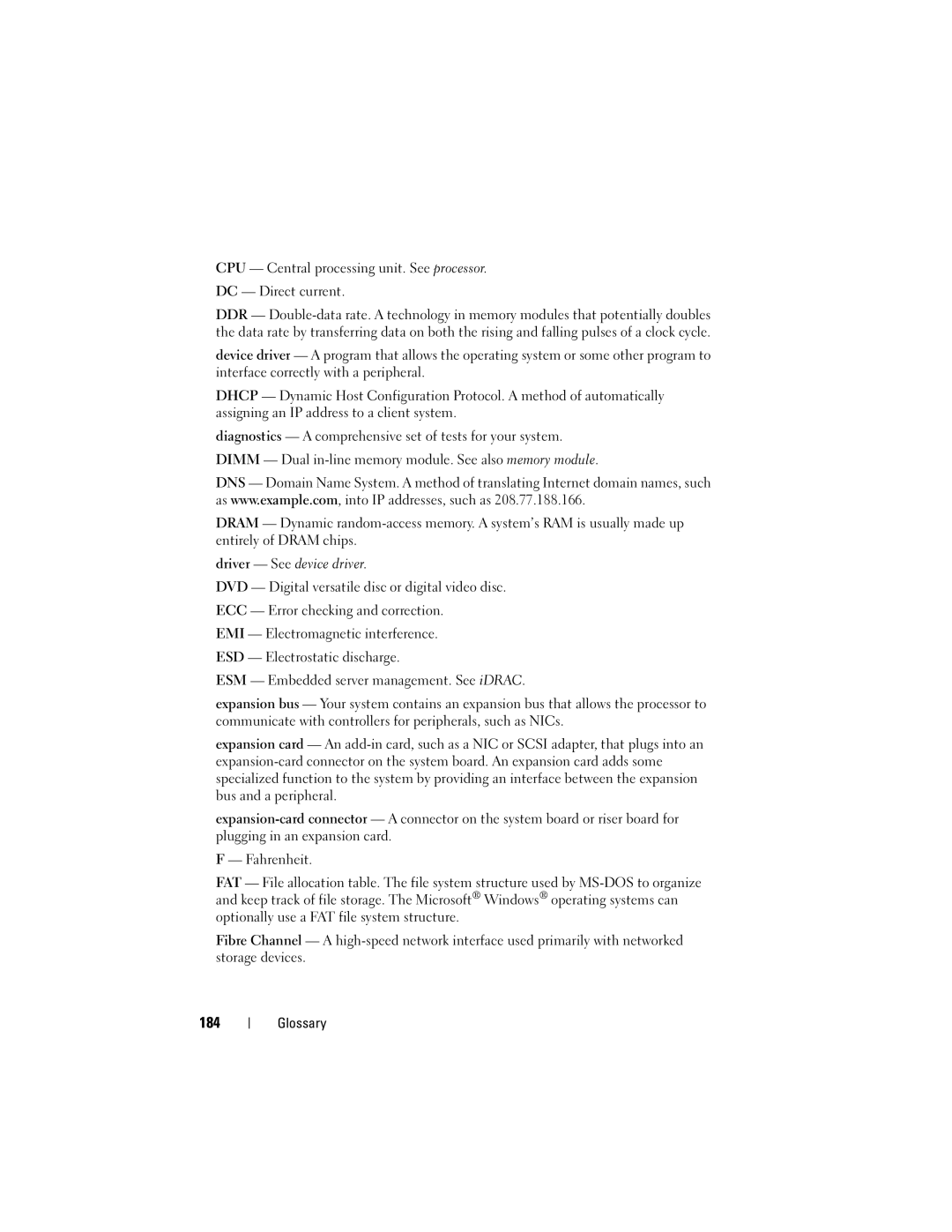 Dell DL2100 owner manual 184, CPU Central processing unit. See processor DC Direct current 