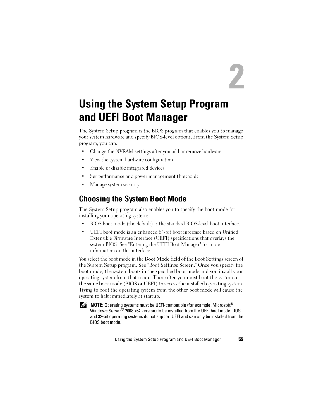 Dell DL2100 owner manual Choosing the System Boot Mode, Using the System Setup Program and Uefi Boot Manager 