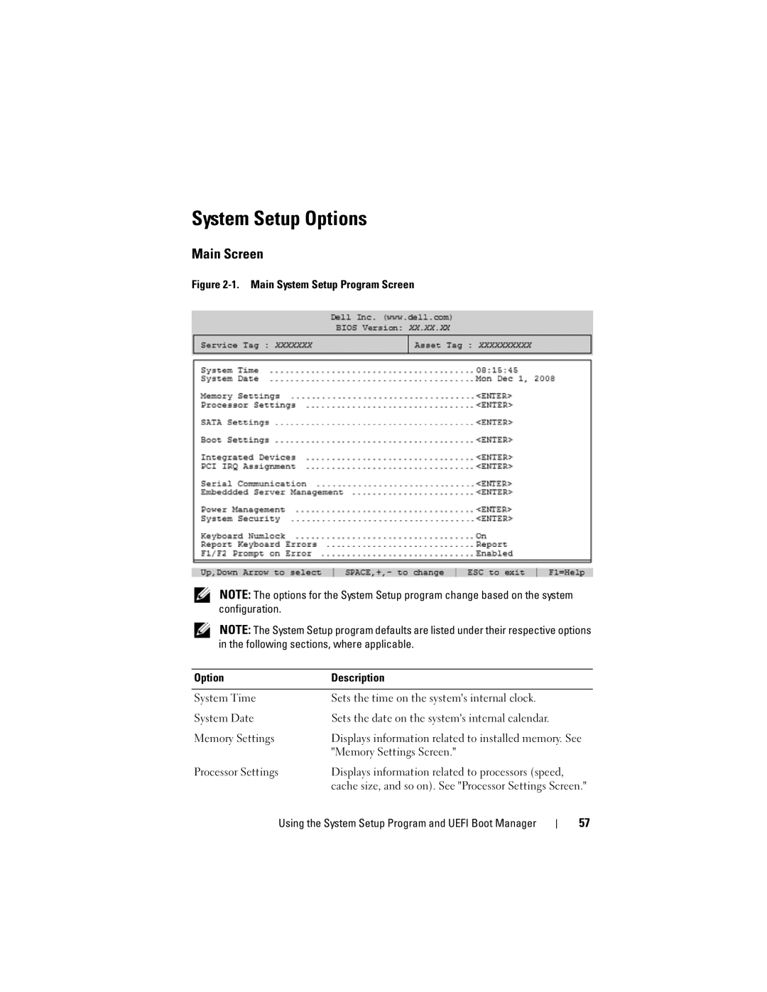 Dell DL2100 owner manual System Setup Options, Main Screen, Memory Settings Screen 