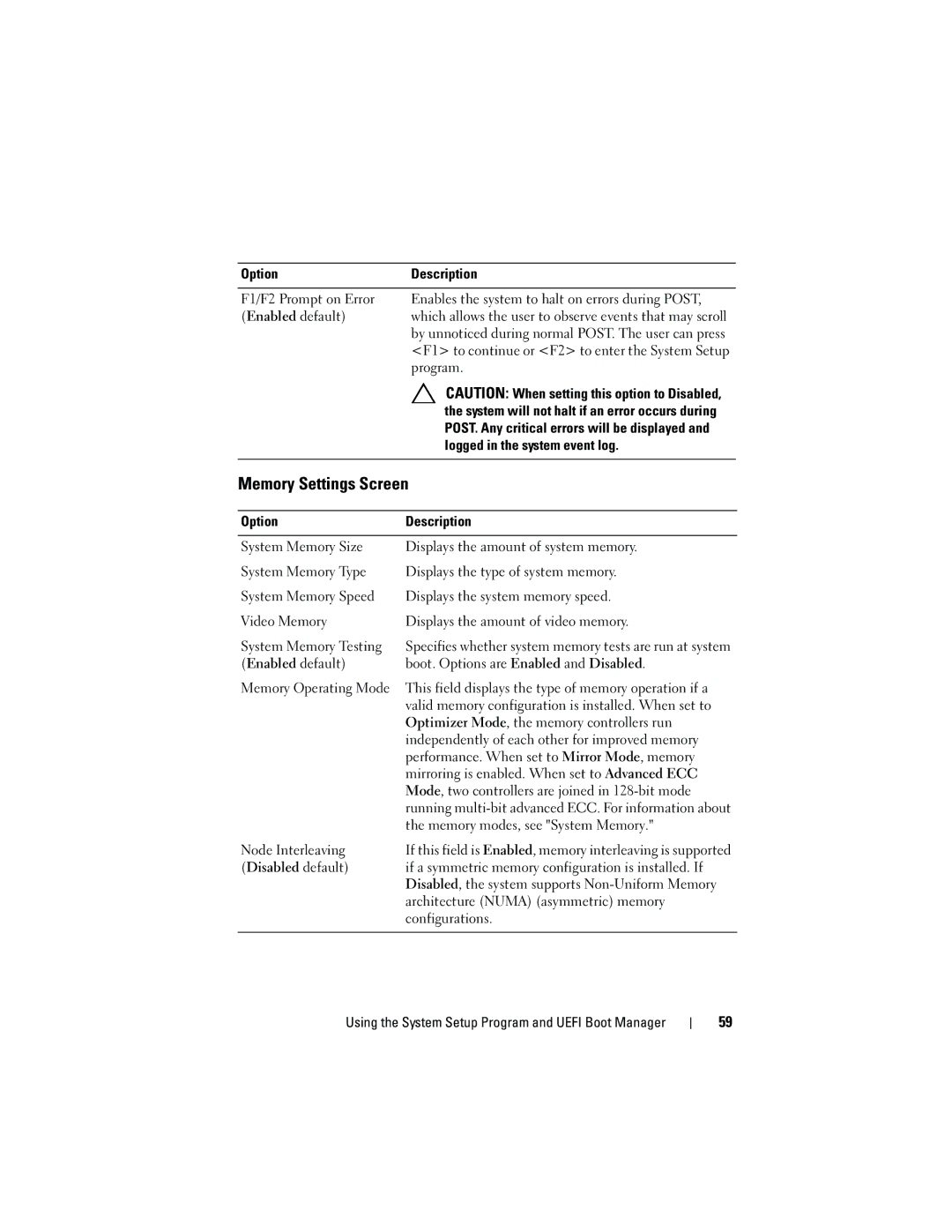 Dell DL2100 owner manual Memory Settings Screen 