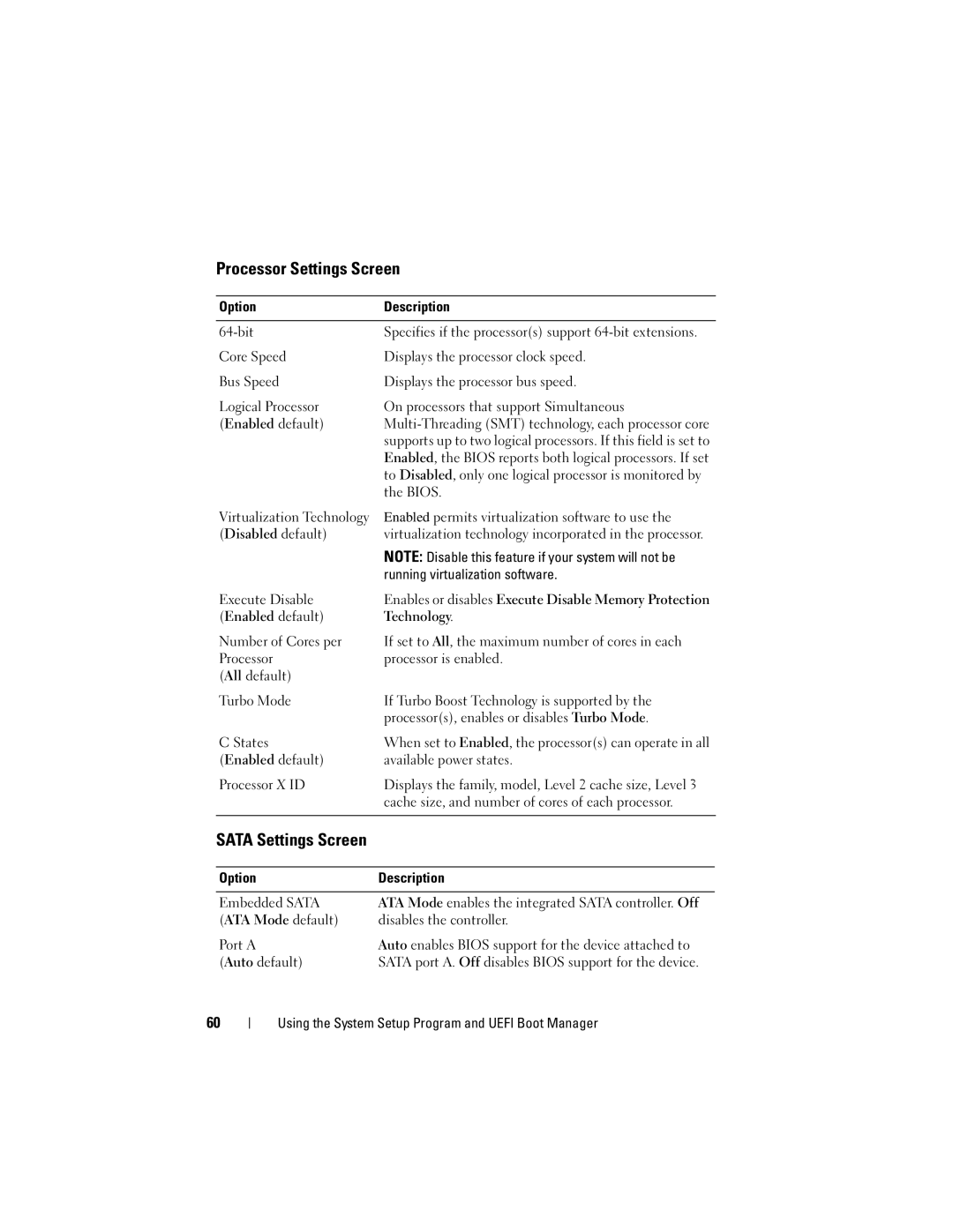 Dell DL2100 owner manual Processor Settings Screen, Sata Settings Screen 