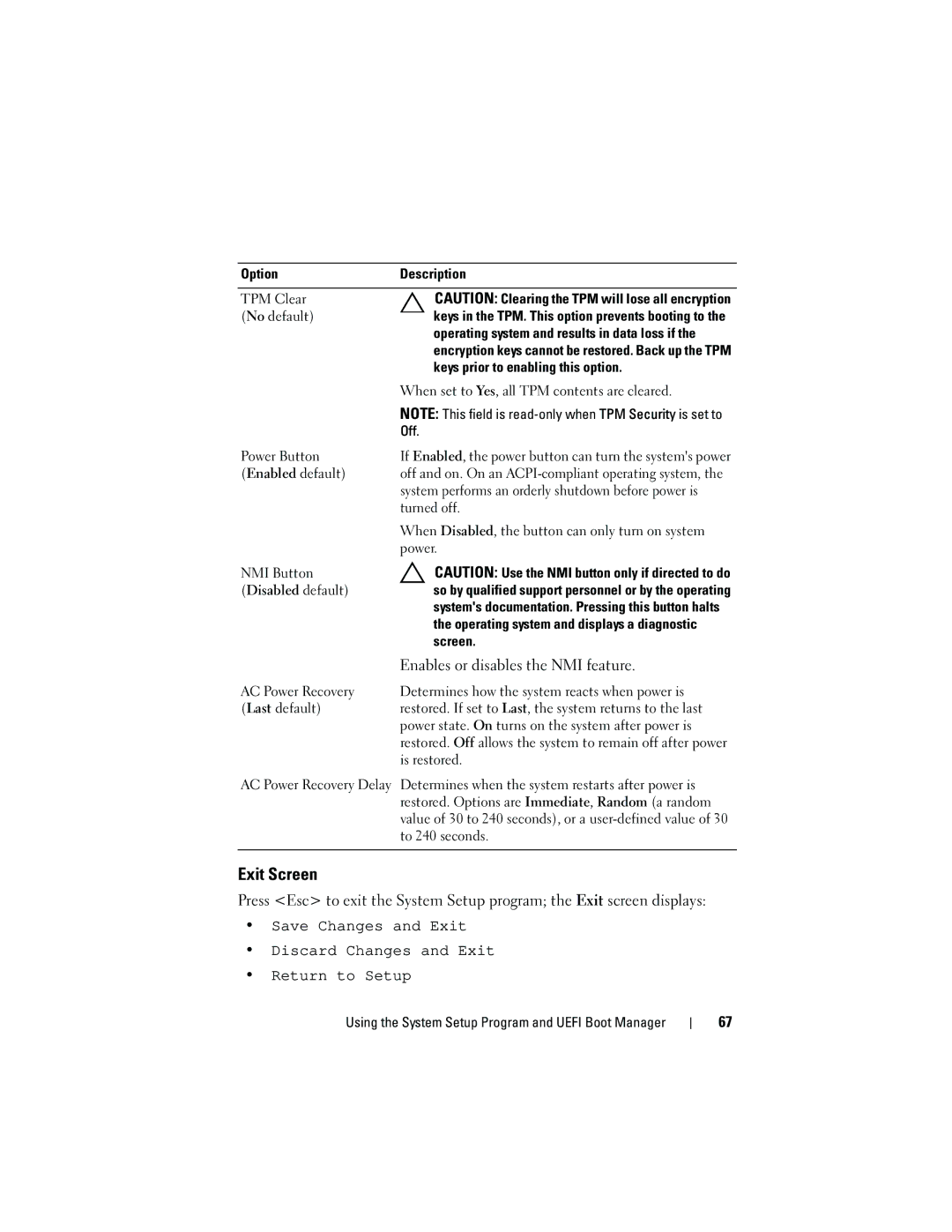 Dell DL2100 owner manual Exit Screen, Enables or disables the NMI feature 