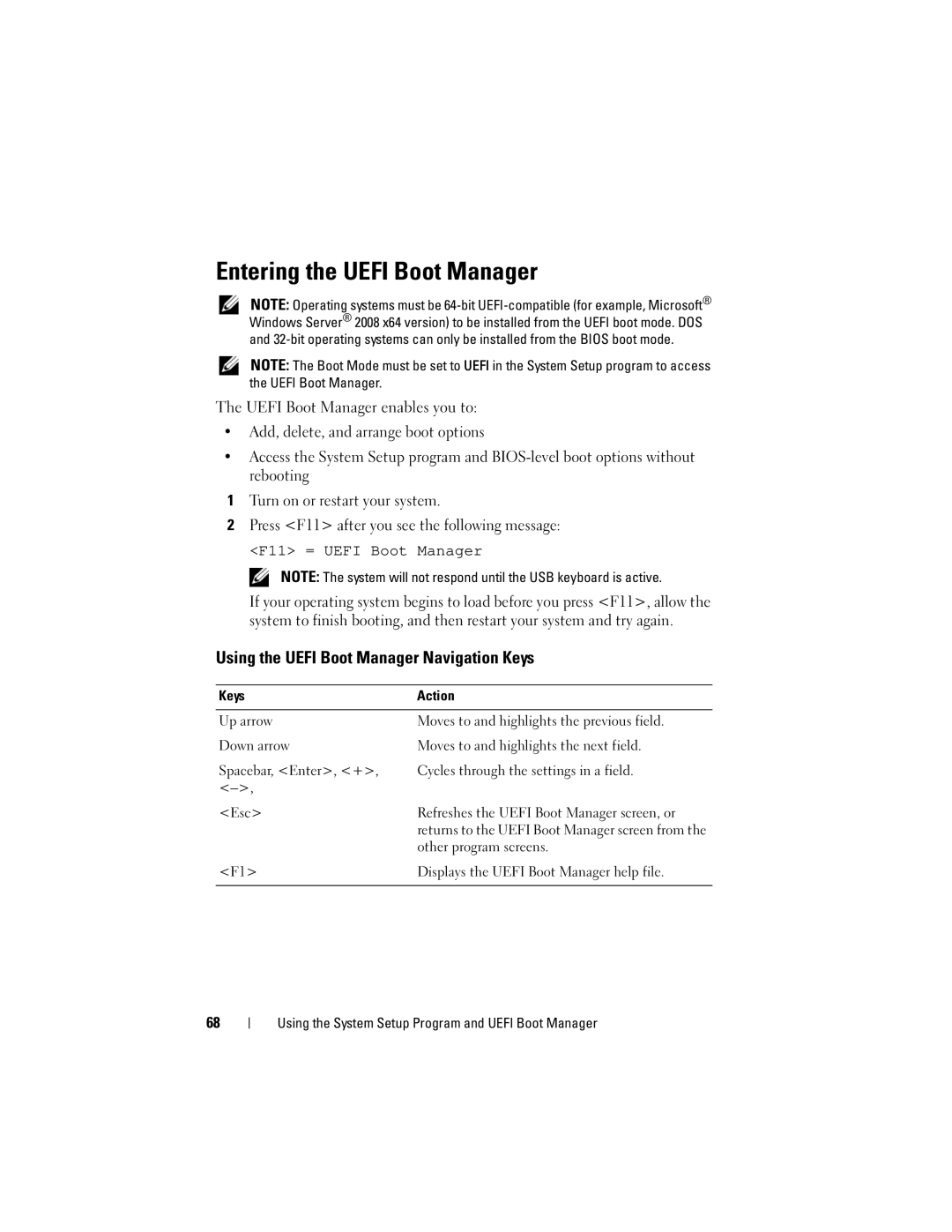 Dell DL2100 owner manual Entering the Uefi Boot Manager, Using the Uefi Boot Manager Navigation Keys, Other program screens 