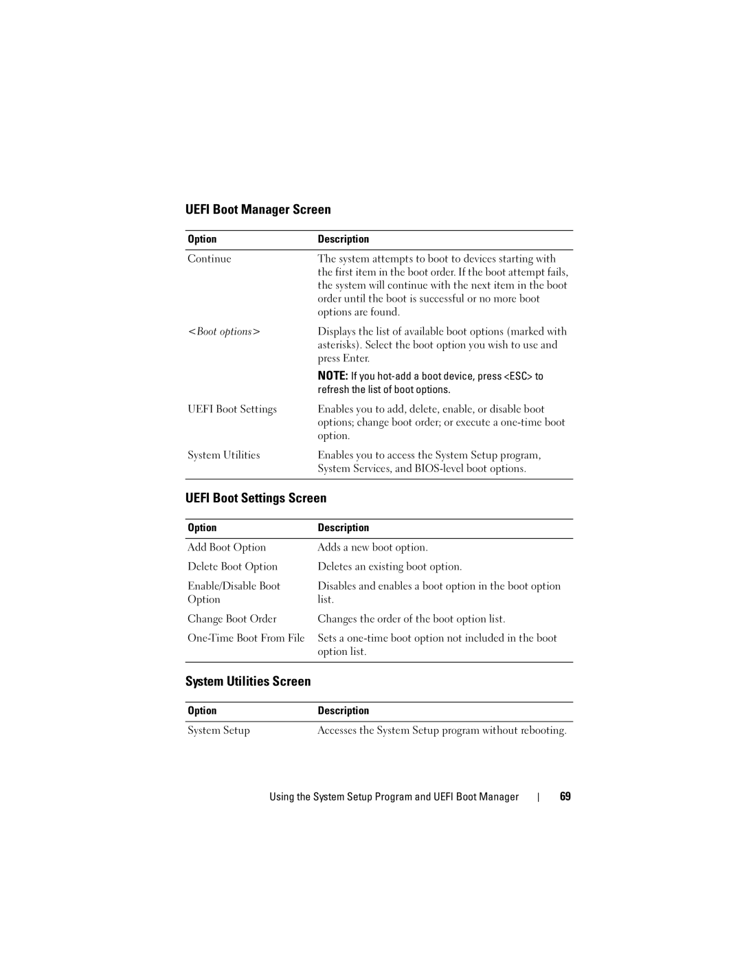 Dell DL2100 owner manual Uefi Boot Manager Screen, Uefi Boot Settings Screen, System Utilities Screen 