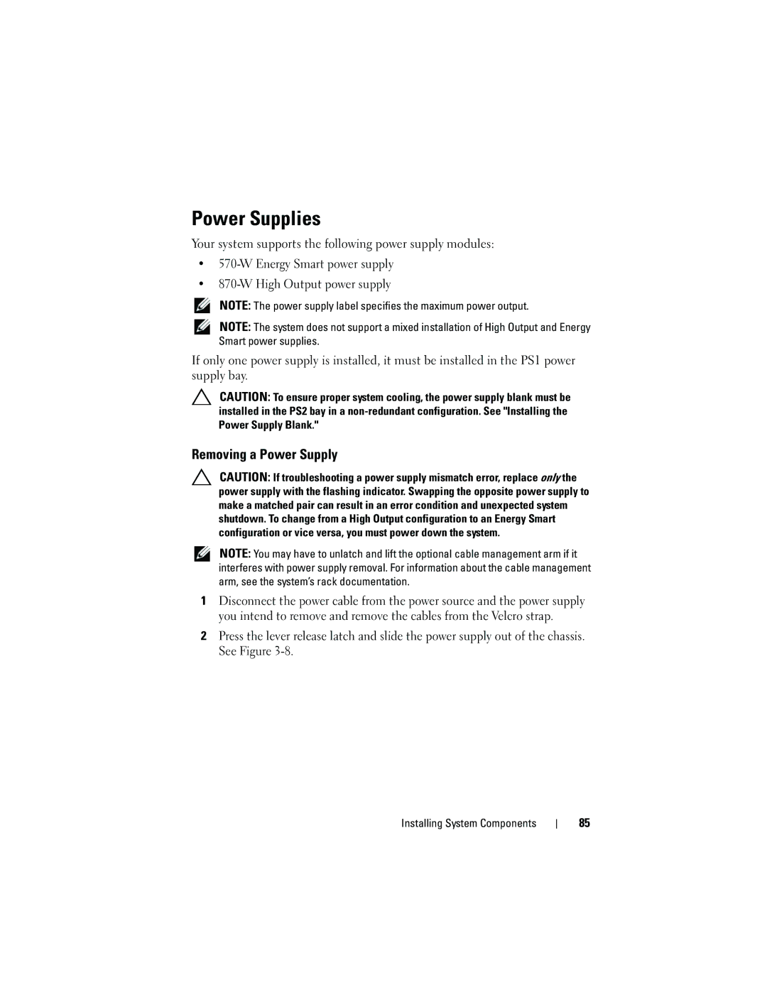 Dell DL2100 owner manual Power Supplies, Removing a Power Supply 