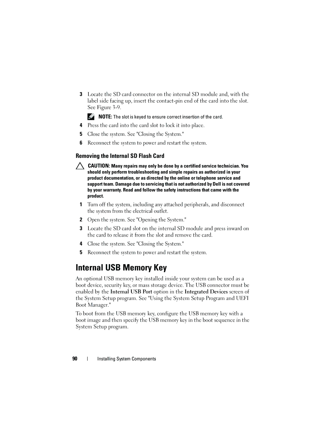 Dell DL2100 owner manual Internal USB Memory Key, Removing the Internal SD Flash Card 