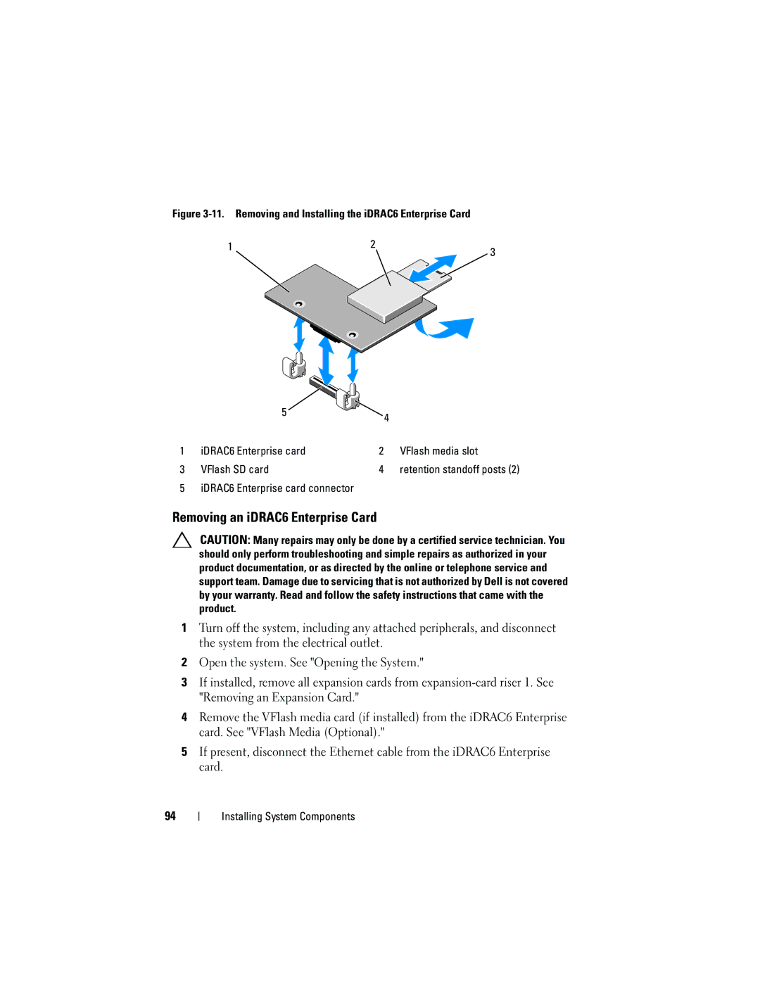 Dell DL2100 owner manual Removing an iDRAC6 Enterprise Card 