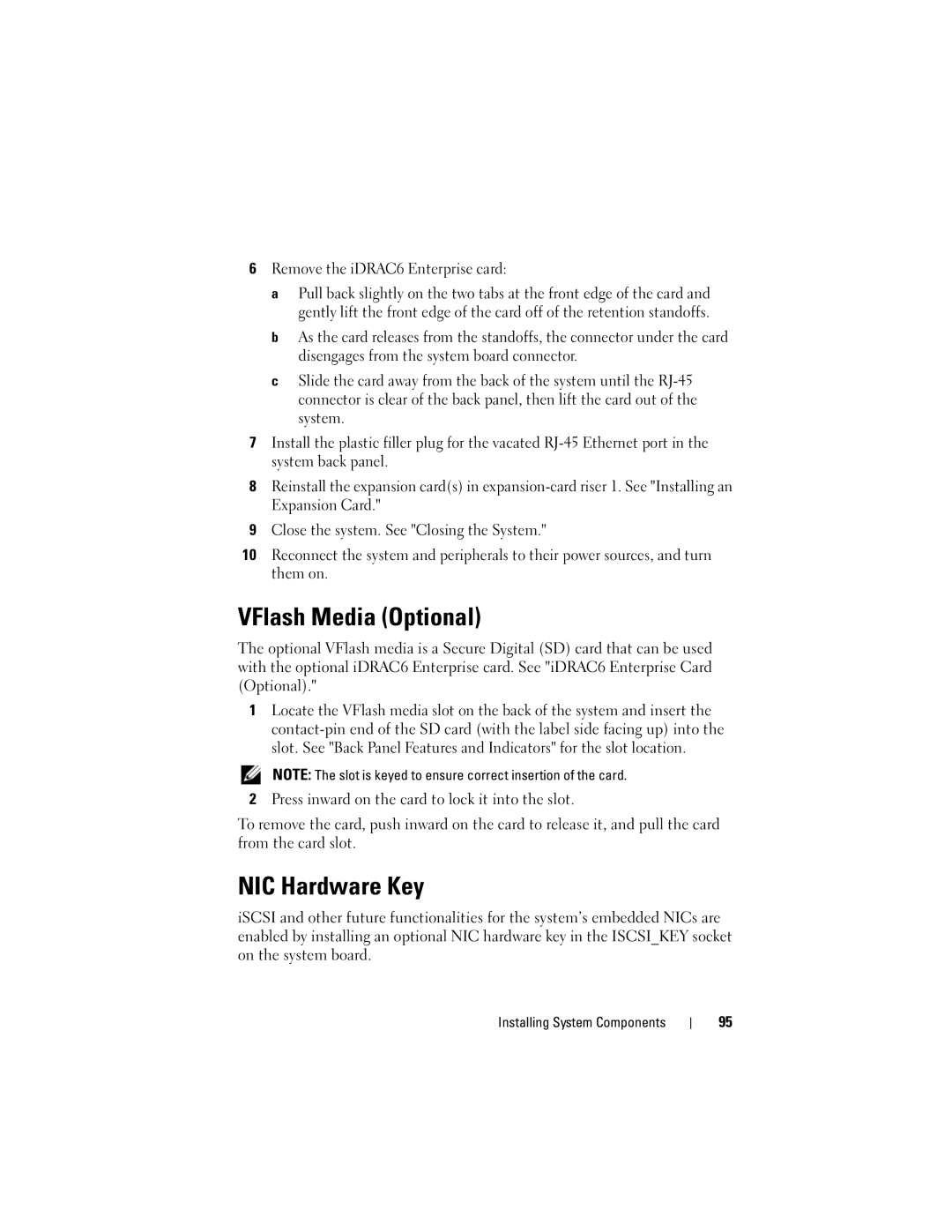 Dell DL2100 owner manual VFlash Media Optional, NIC Hardware Key, Remove the iDRAC6 Enterprise card 