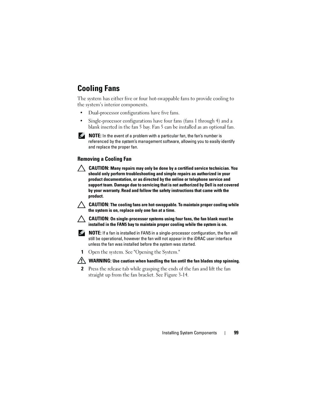 Dell DL2100 owner manual Cooling Fans, Removing a Cooling Fan 