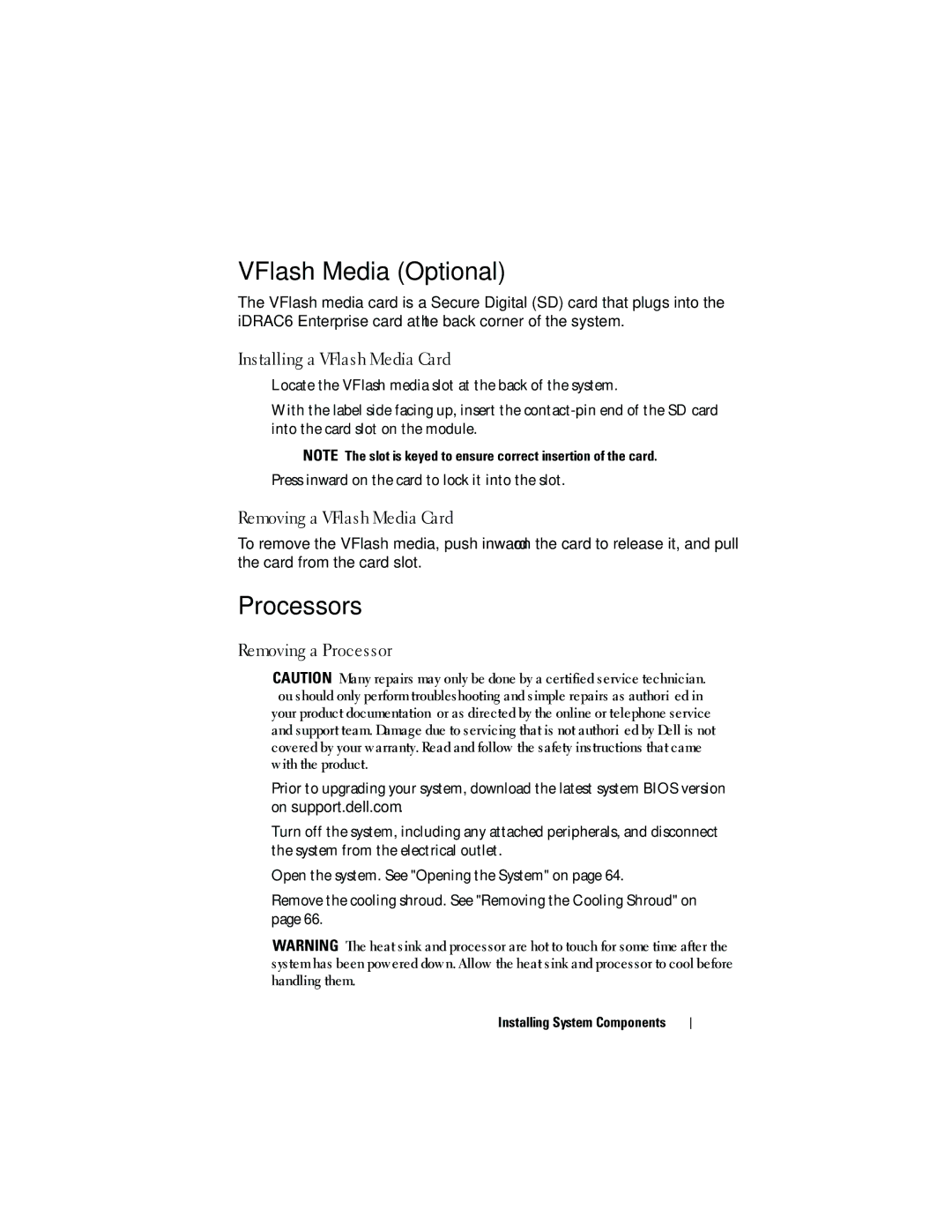 Dell DL2200 owner manual VFlash Media Optional, Processors, Installing a VFlash Media Card, Removing a VFlash Media Card 