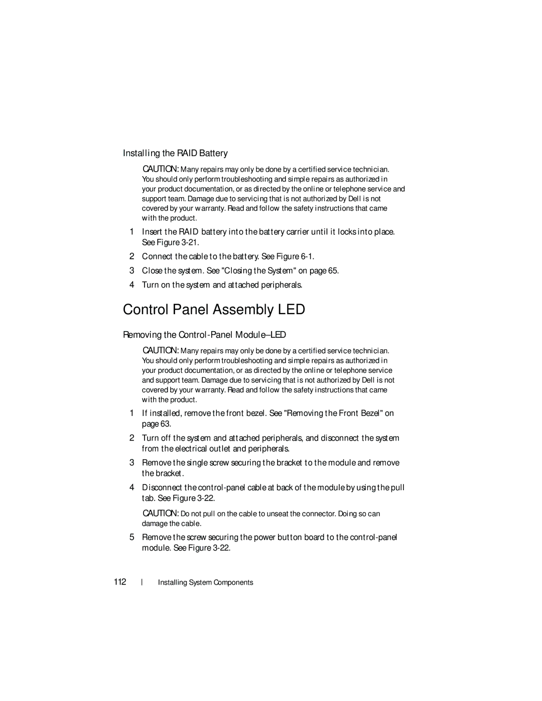 Dell DL2200 owner manual Control Panel Assembly-LED, Installing the RAID Battery, Removing the Control-PanelModule-LED 