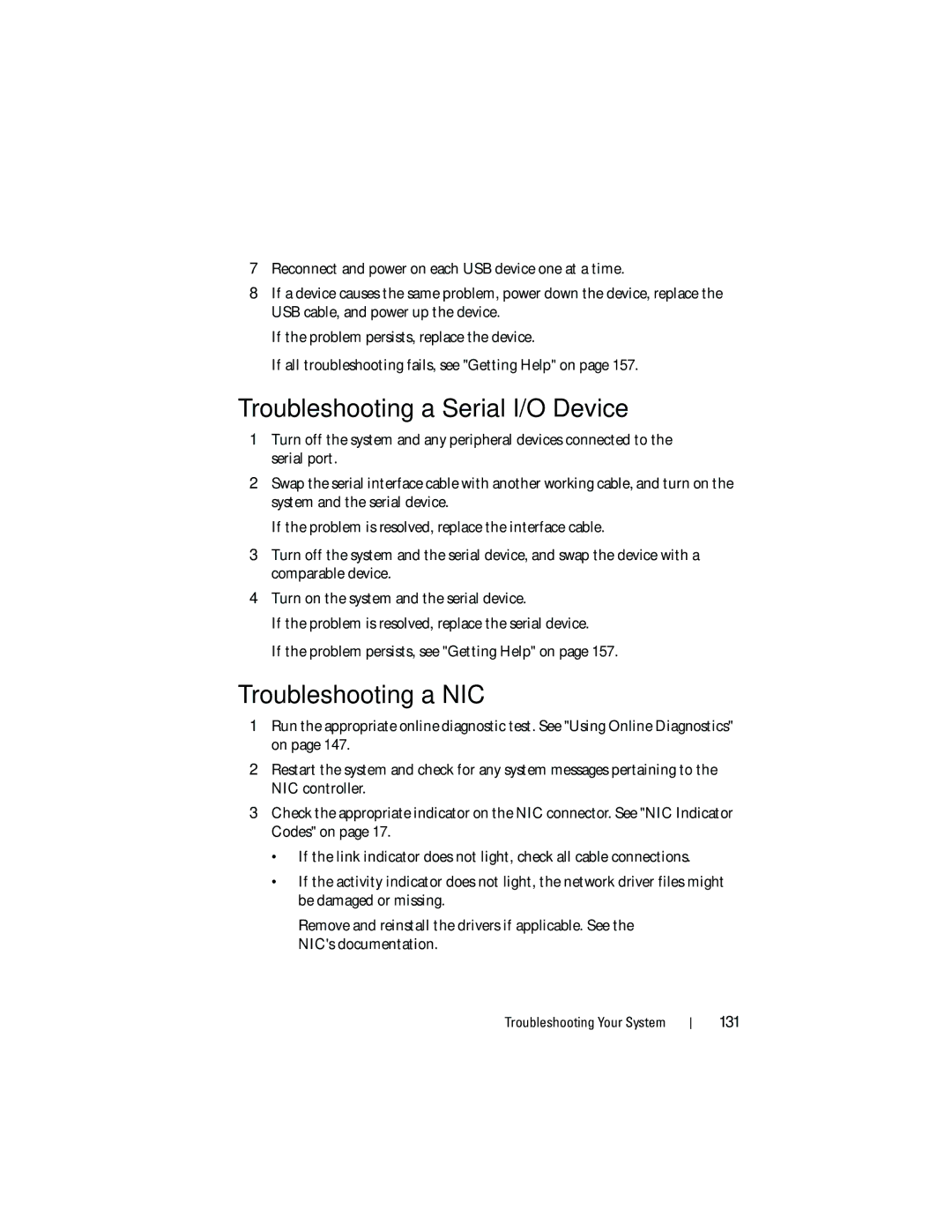 Dell DL2200 owner manual Troubleshooting a Serial I/O Device, Troubleshooting a NIC 