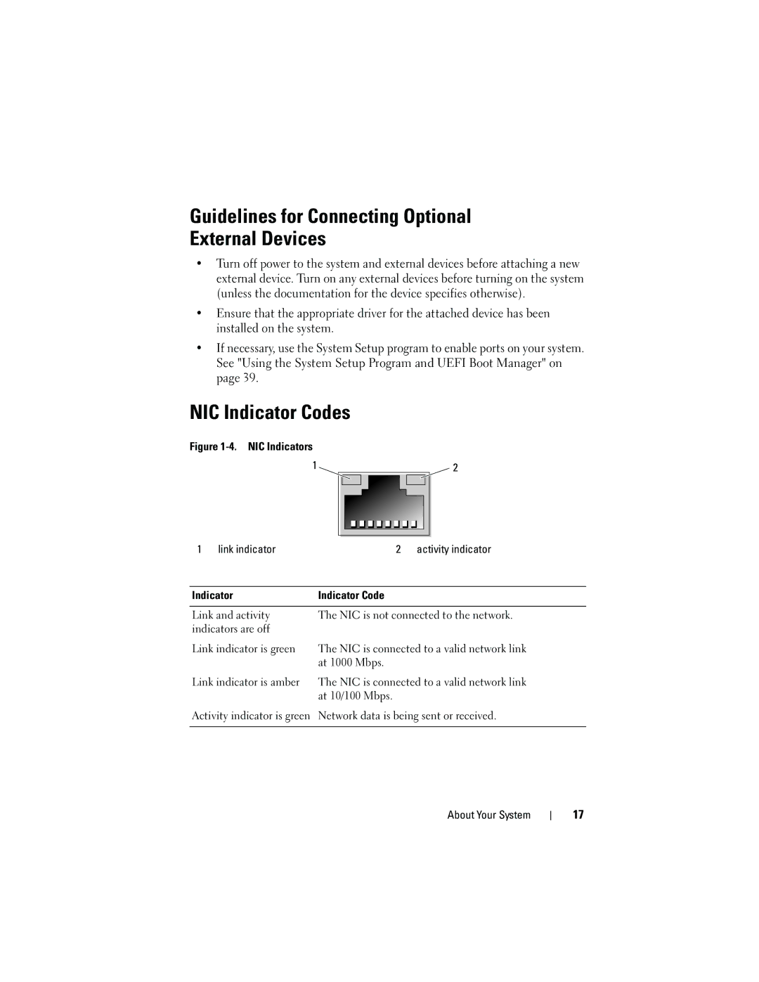 Dell DL2200 owner manual Guidelines for Connecting Optional External Devices, NIC Indicator Codes 