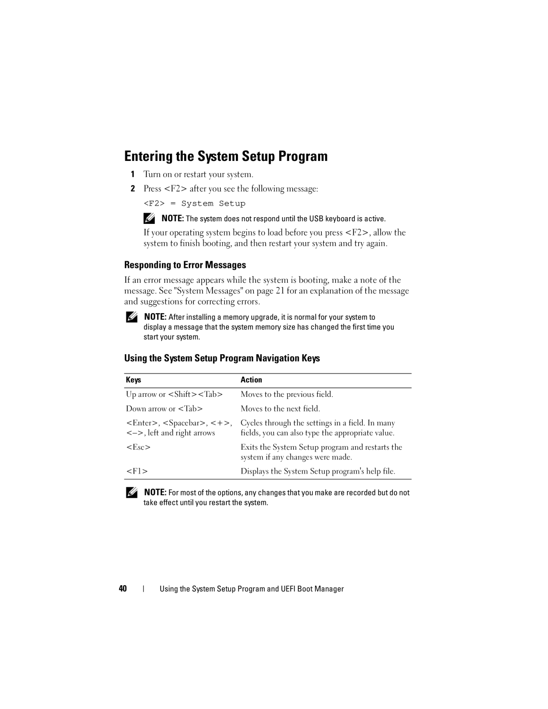 Dell DL2200 owner manual Entering the System Setup Program, Responding to Error Messages, System if any changes were made 