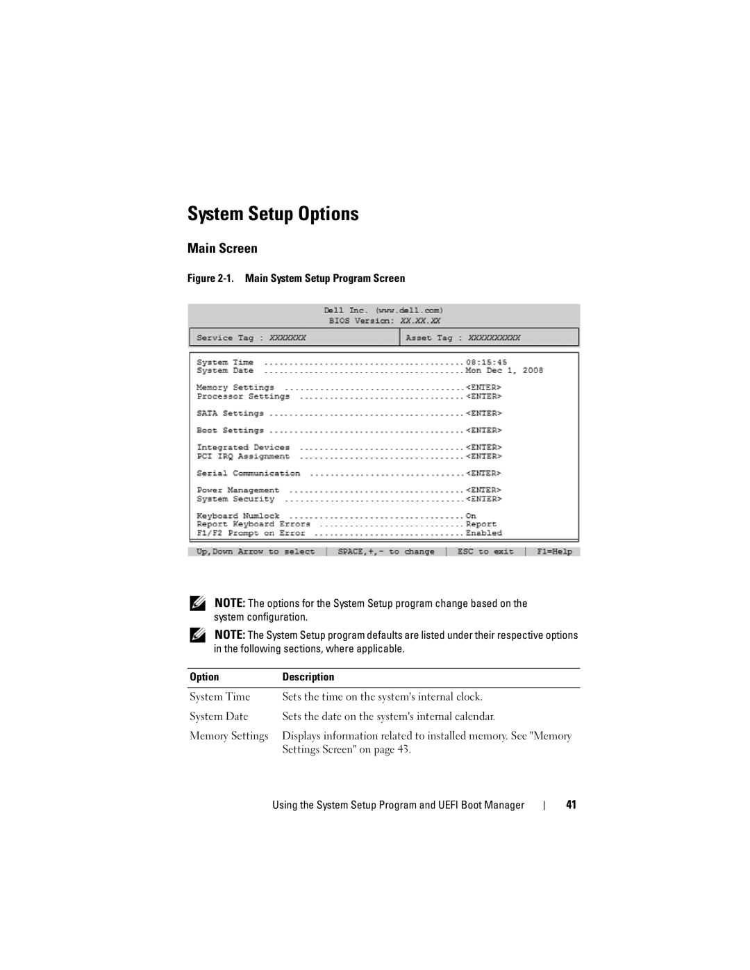 Dell DL2200 owner manual System Setup Options, Main Screen, Settings Screen on 