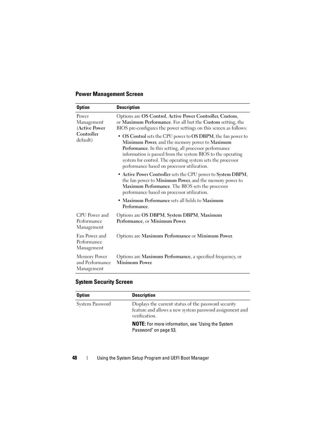 Dell DL2200 owner manual Power Management Screen, System Security Screen 