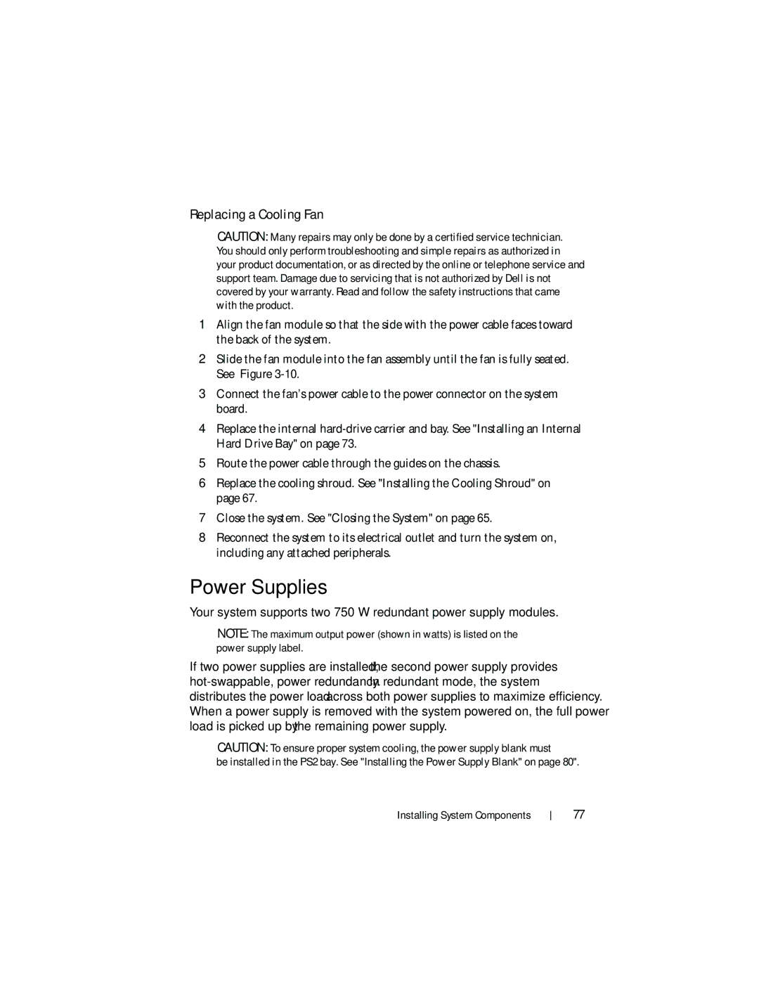 Dell DL2200 owner manual Power Supplies, Replacing a Cooling Fan 