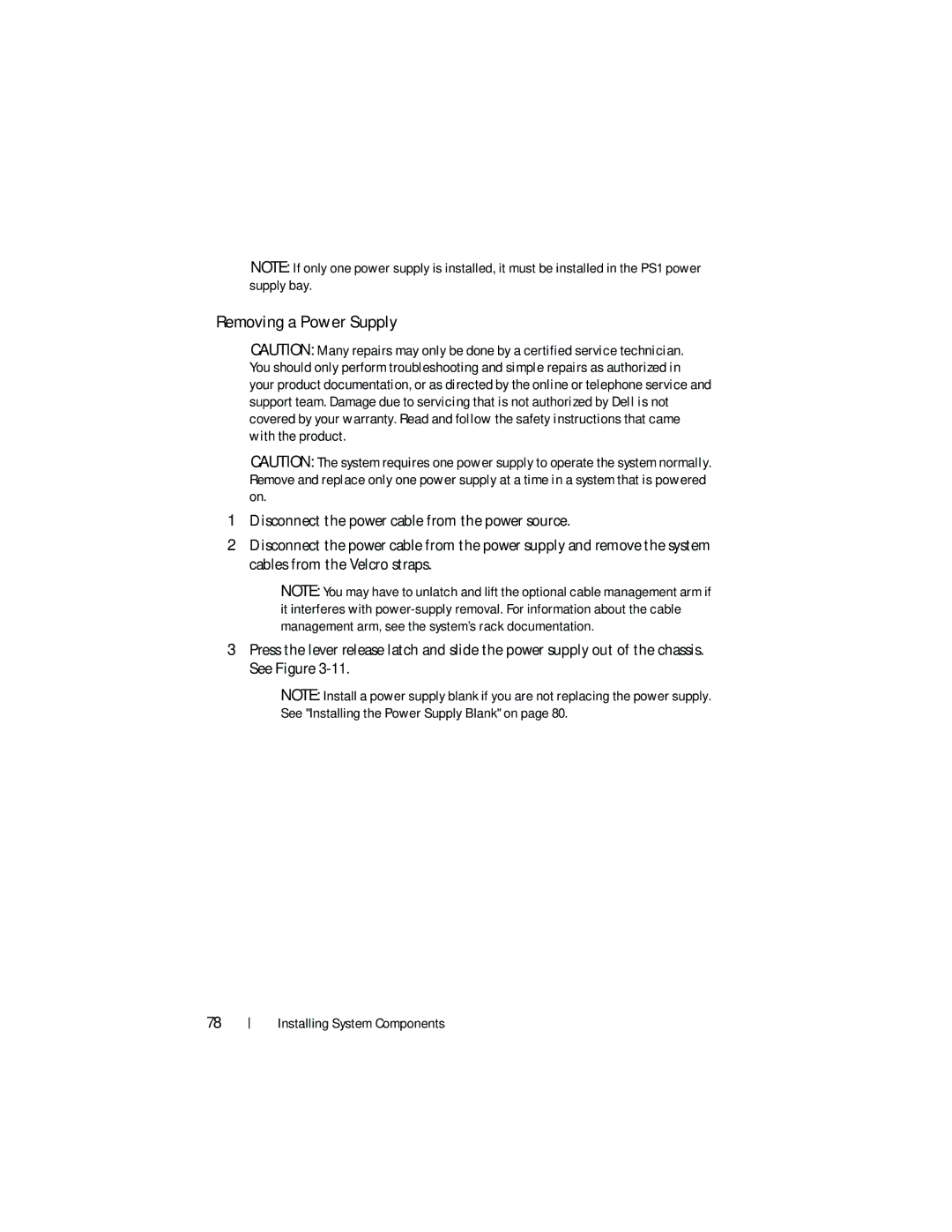 Dell DL2200 owner manual Removing a Power Supply 