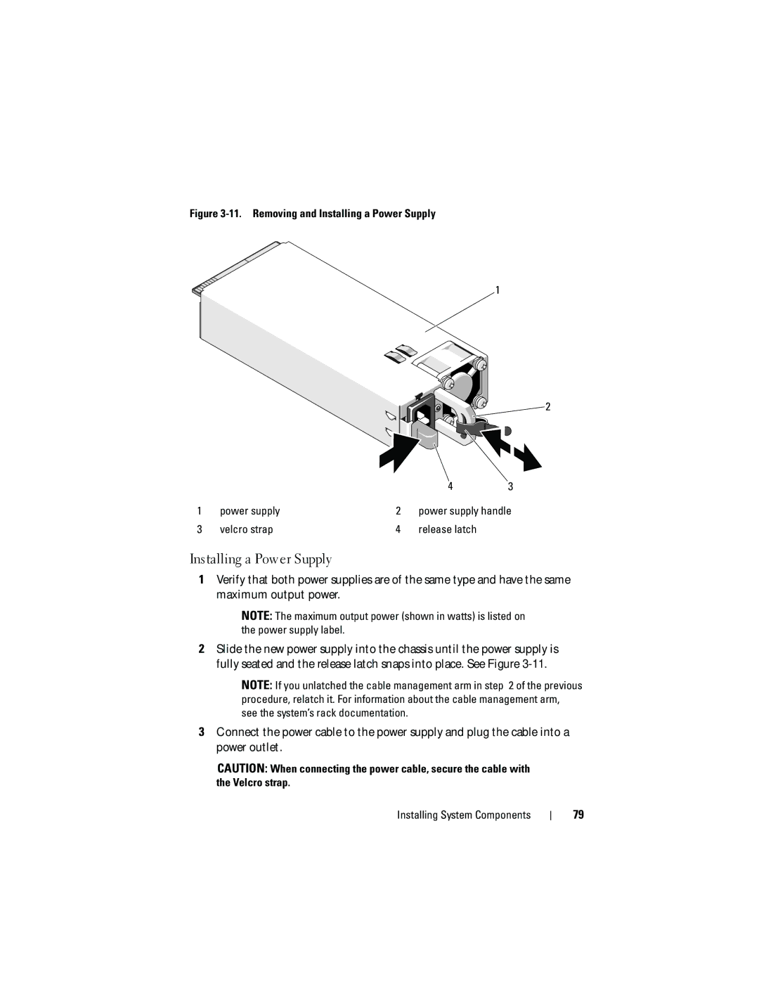 Dell DL2200 owner manual Installing a Power Supply, Velcro strap Release latch 