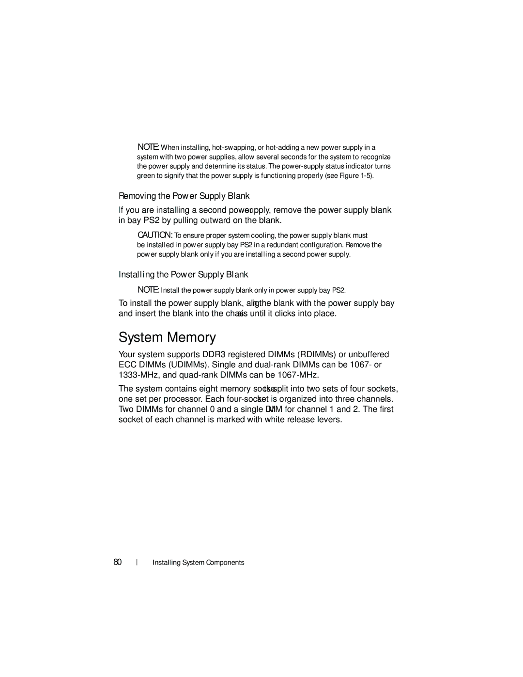 Dell DL2200 owner manual System Memory, Removing the Power Supply Blank, Installing the Power Supply Blank 