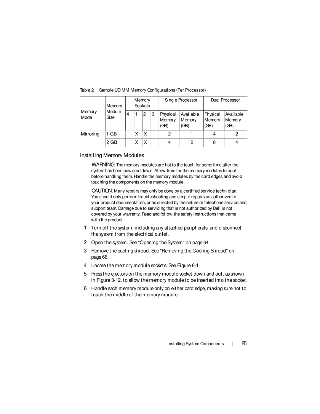 Dell DL2200 owner manual Installing Memory Modules, Sample Udimm Memory Configurations Per Processor 