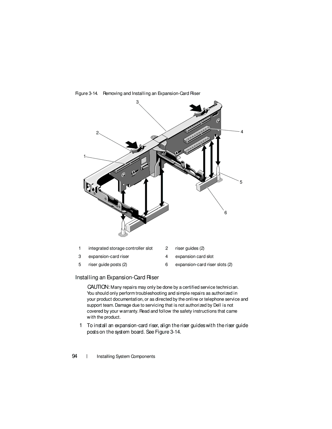 Dell DL2200 Installing an Expansion-Card Riser, Riser guides, Expansion-card riser Expansion card slot Riser guide posts 