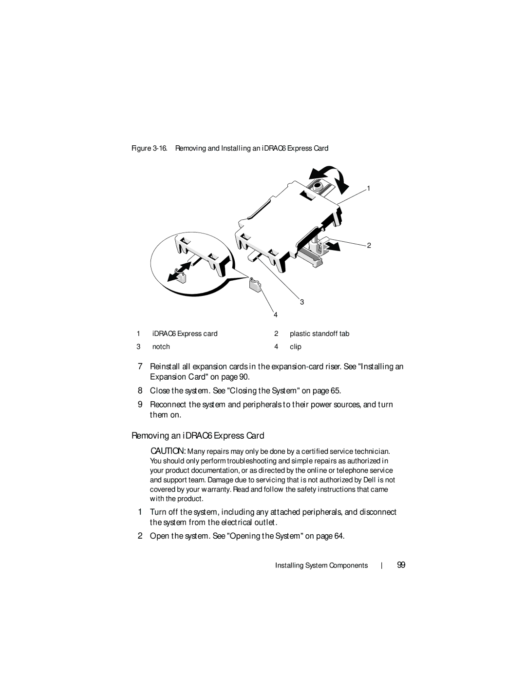 Dell DL2200 owner manual Removing an iDRAC6 Express Card, Notch Clip 