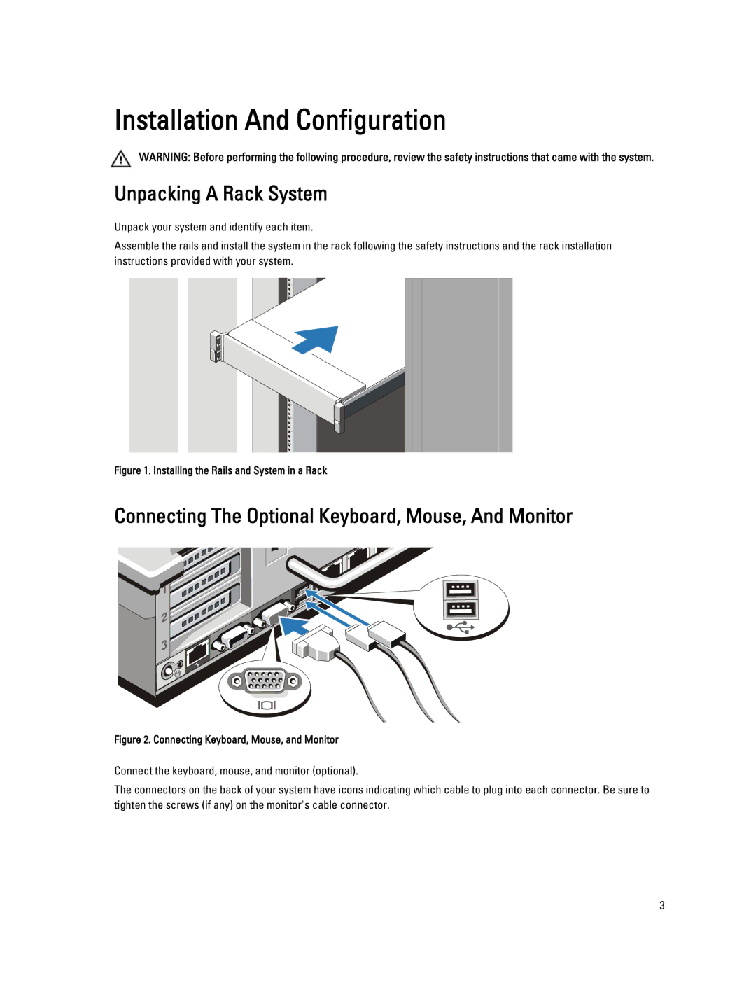 Dell DL2300 manual Unpacking a Rack System, Connecting The Optional Keyboard, Mouse, And Monitor 