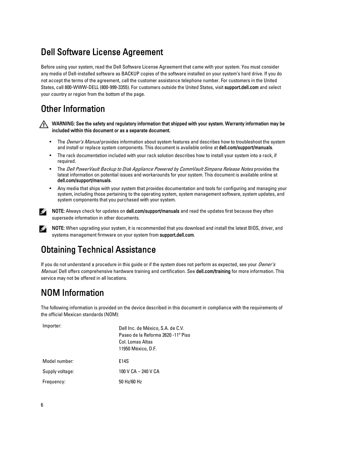 Dell DL2300 manual Dell Software License Agreement Other Information, Obtaining Technical Assistance NOM Information 